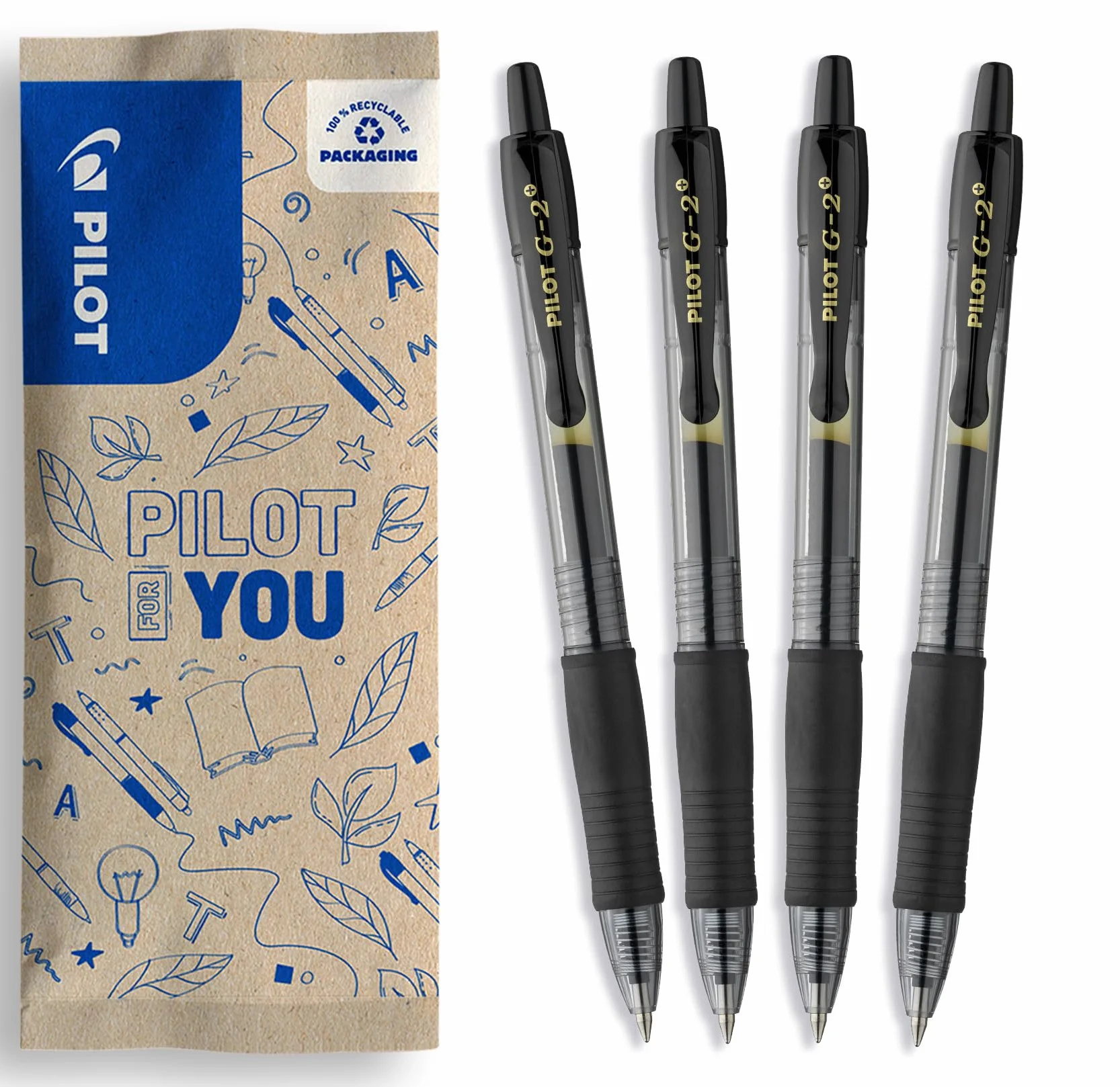 PILOT G2 Plus Set 4 Penne a Sfera Inchiostro Gel Retrattili Ricaricabili Nero Punta Media
