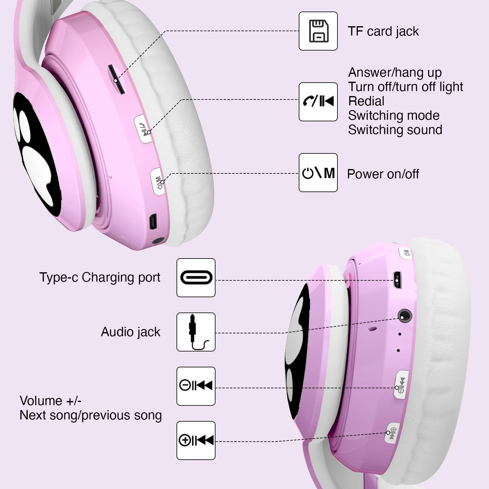 Cuffie Wireless Bambini con LED, Bluetooth Cuffie con Orecchie Gatto Pieghevoli con Microfono, Micro SD Regalo Natale Compleanno Ragazze Viola