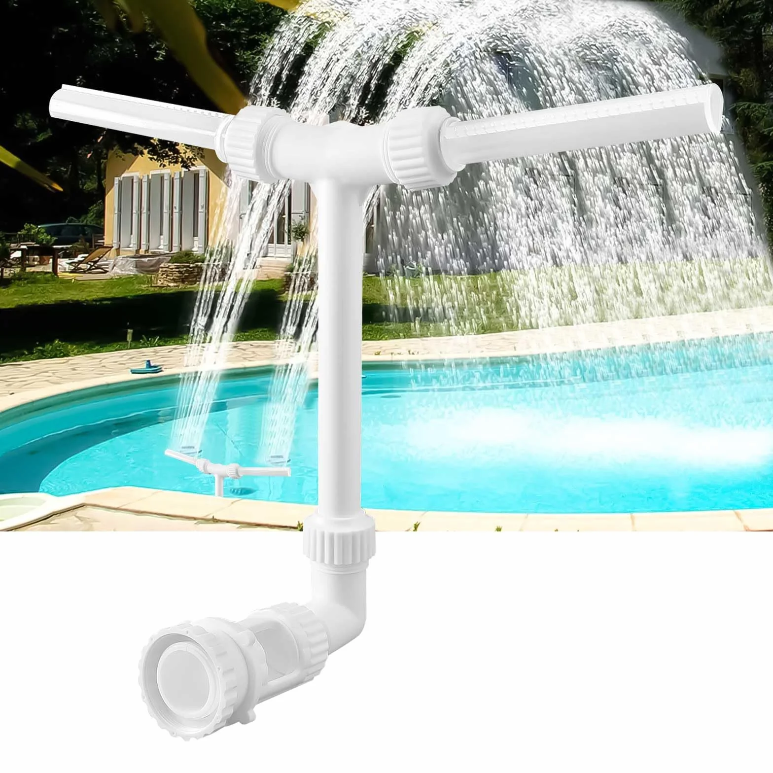 Fontana per Piscina con Doppia Testa a Cascata, Rotazione a 360°, Direzione del Flusso d'Acqua Regolabile, per Piscine Fuori Terra/Sotterranee, Spruzzatore a Cascata per Giardini Esterni Decorativi