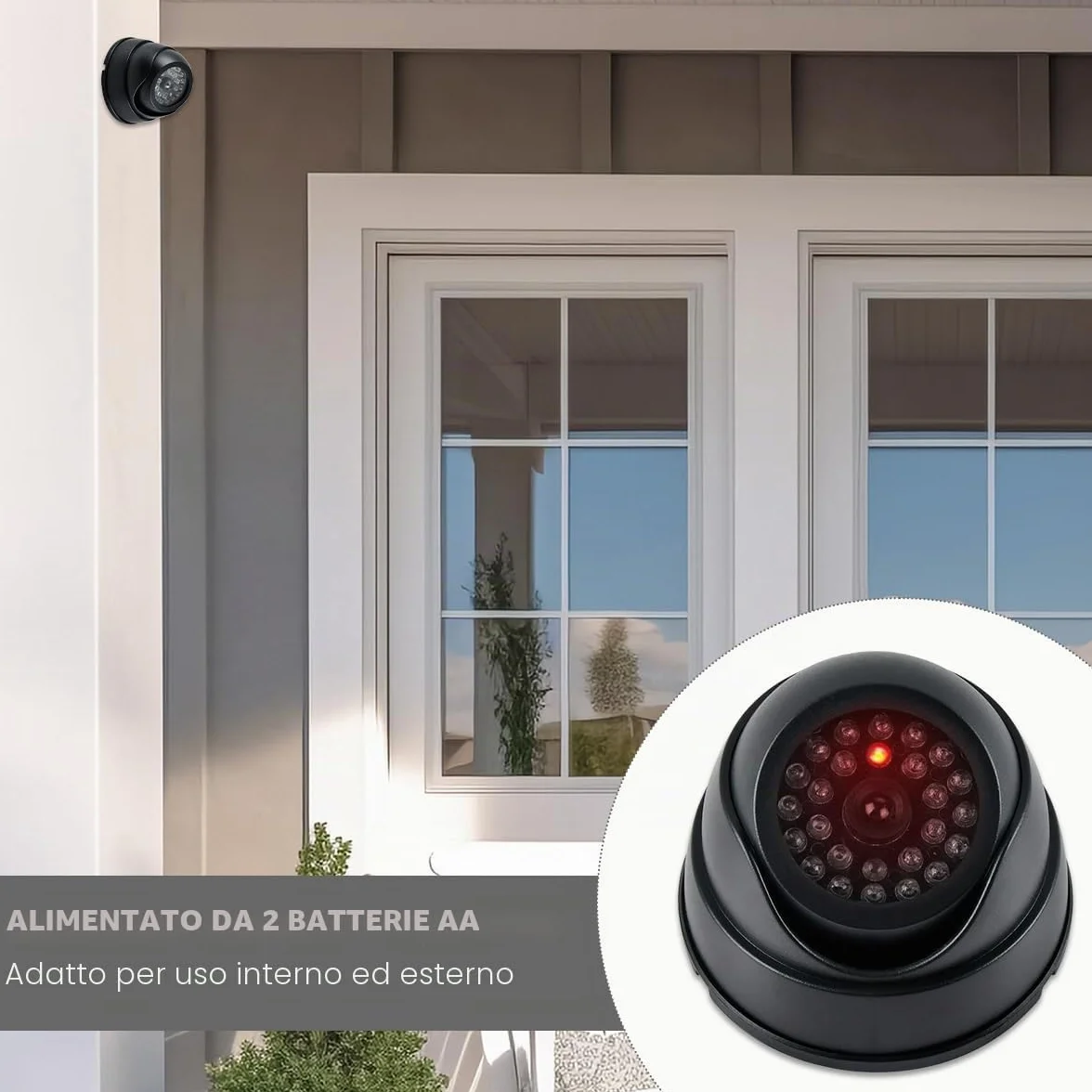 Telecamera Finta Esterno con Led 2PZ CCTV Fittizia Nero a Batteria