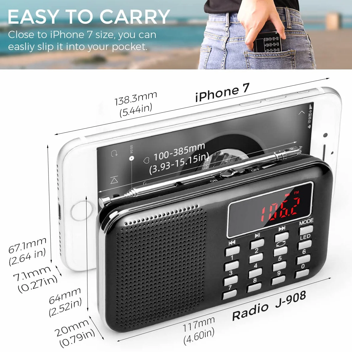 Prunus J-908 Radio Portatile Ricaricabile FM/AM(MW) Digitale MP3 USB AUX TF Card Torcia Emergenza Nero