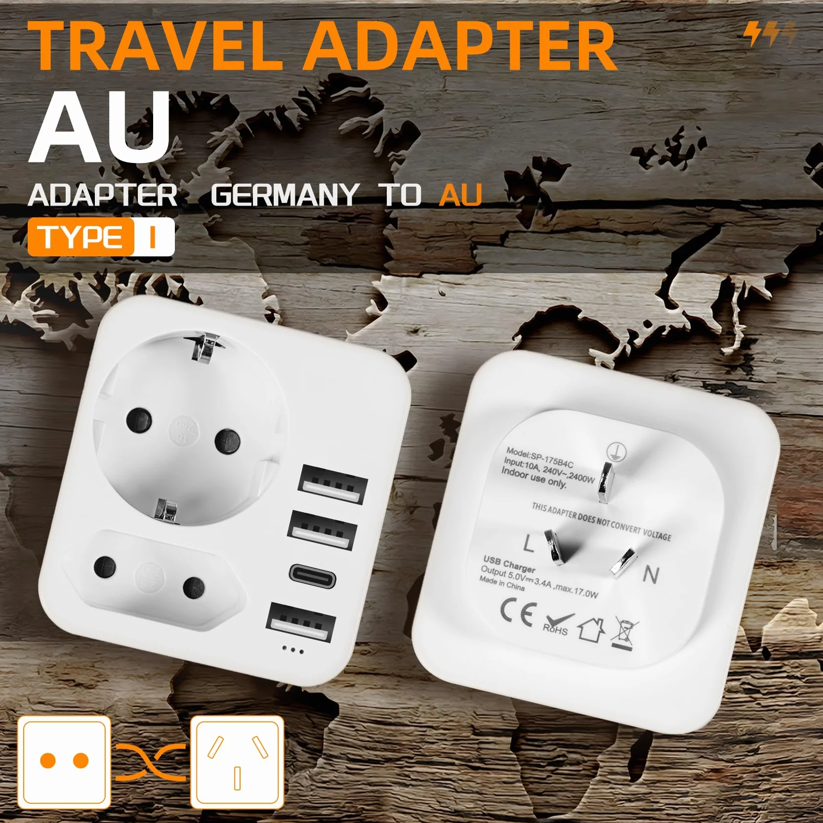 Adattatore di viaggio Australia Cina Italia 3 USB C + 1 USB-C per Nuova Zelanda Argentina