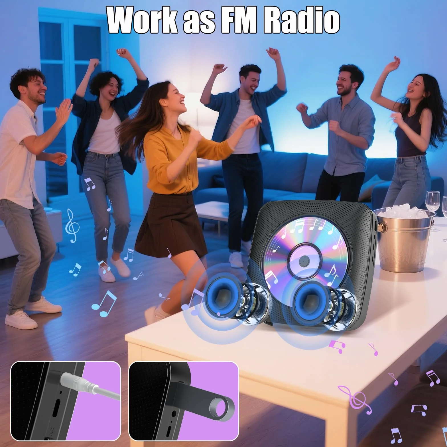 Lettore CD Portatile Bluetooth Ricaricabile 1800mAh Doppi Altoparlanti FM Radio USB AUX Nero