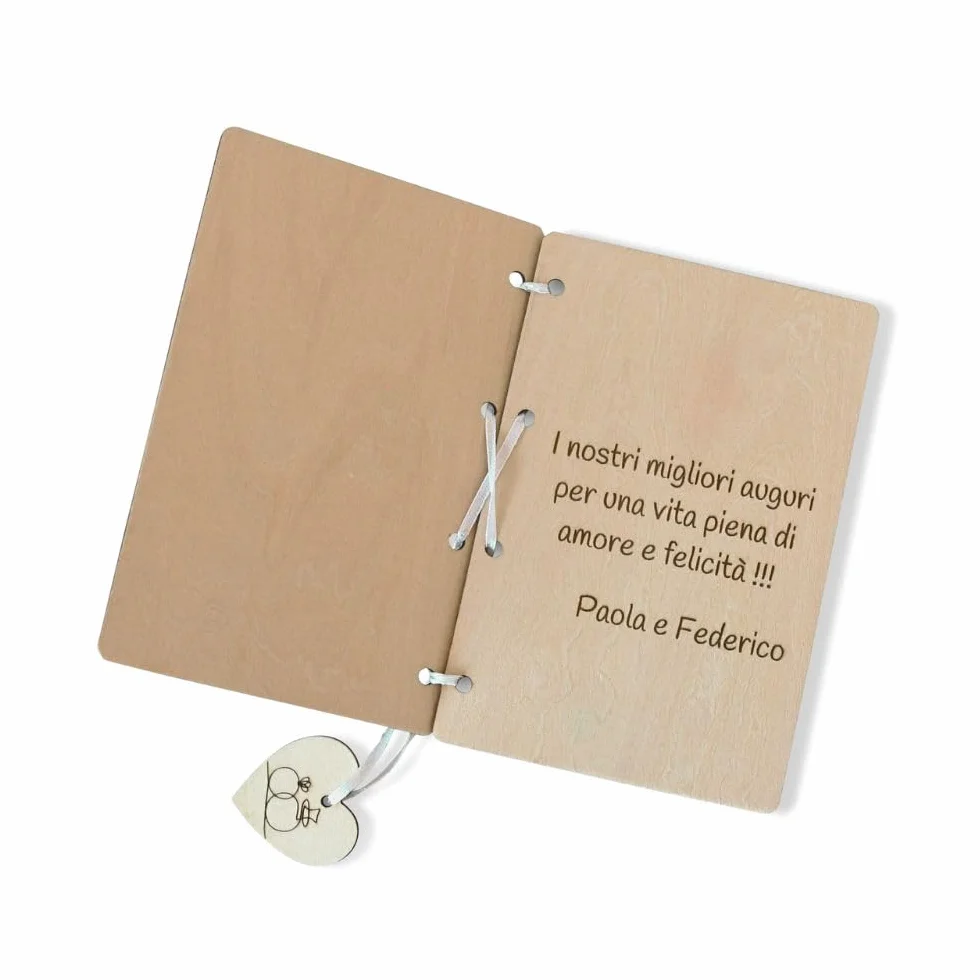 Biglietto auguri portasoldi matrimonio in legno personalizzabile con dedica e nome sposi