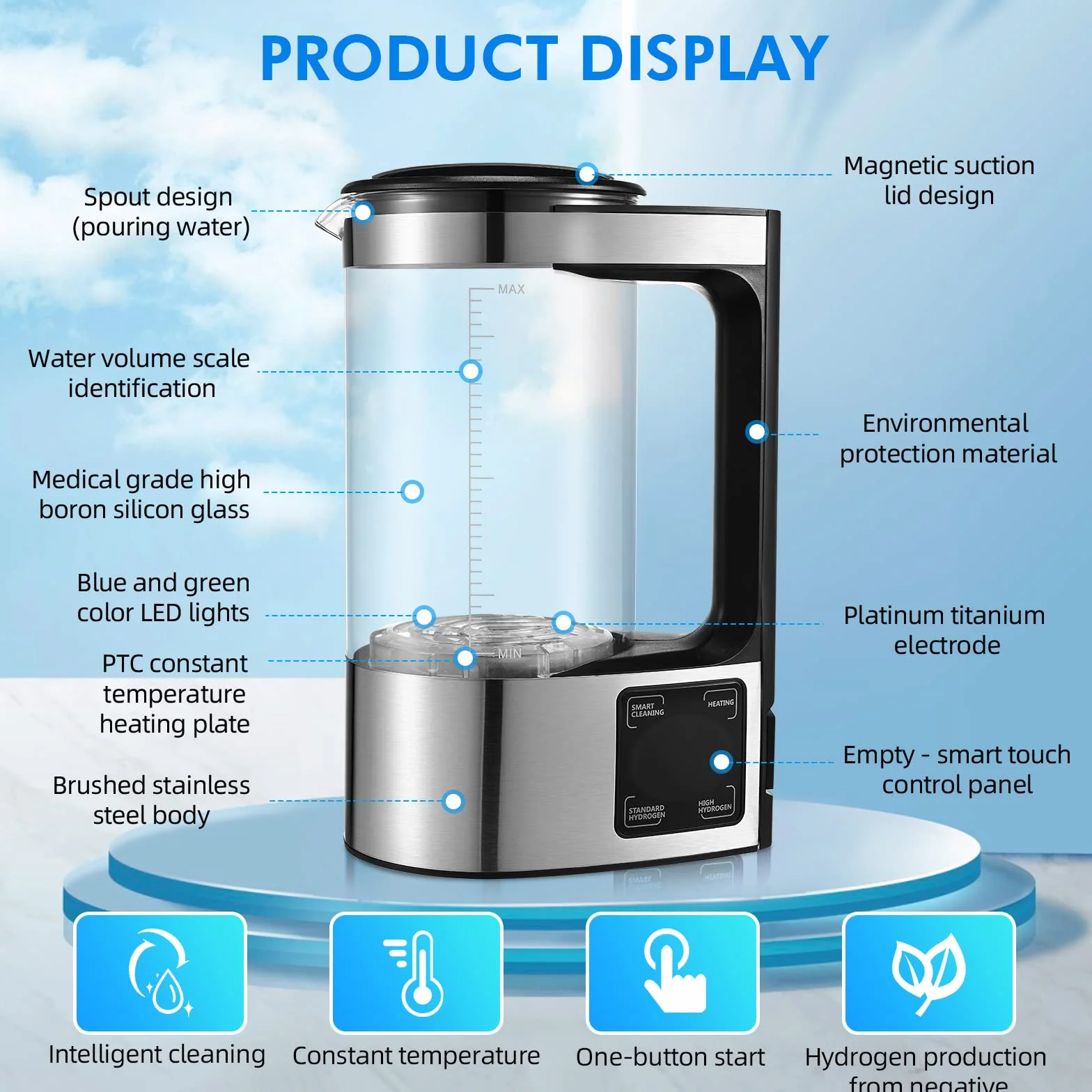 Generatore di acqua a idrogeno 2L con tecnologia SPE e PEM, versione migliorata Generatore di idrogeno ricco di idrogeno con schermo LED touch e termostato Hydrogen Water Lonizer per la casa