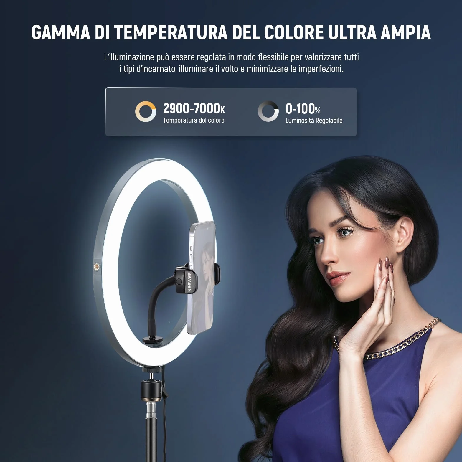 NEEWER LED Ring Light 24W 30cm z Treppiedem, Bicolore 2900-7000K, PD USB C, CRI97+, 1810lux/0,5m, RH12B K2
