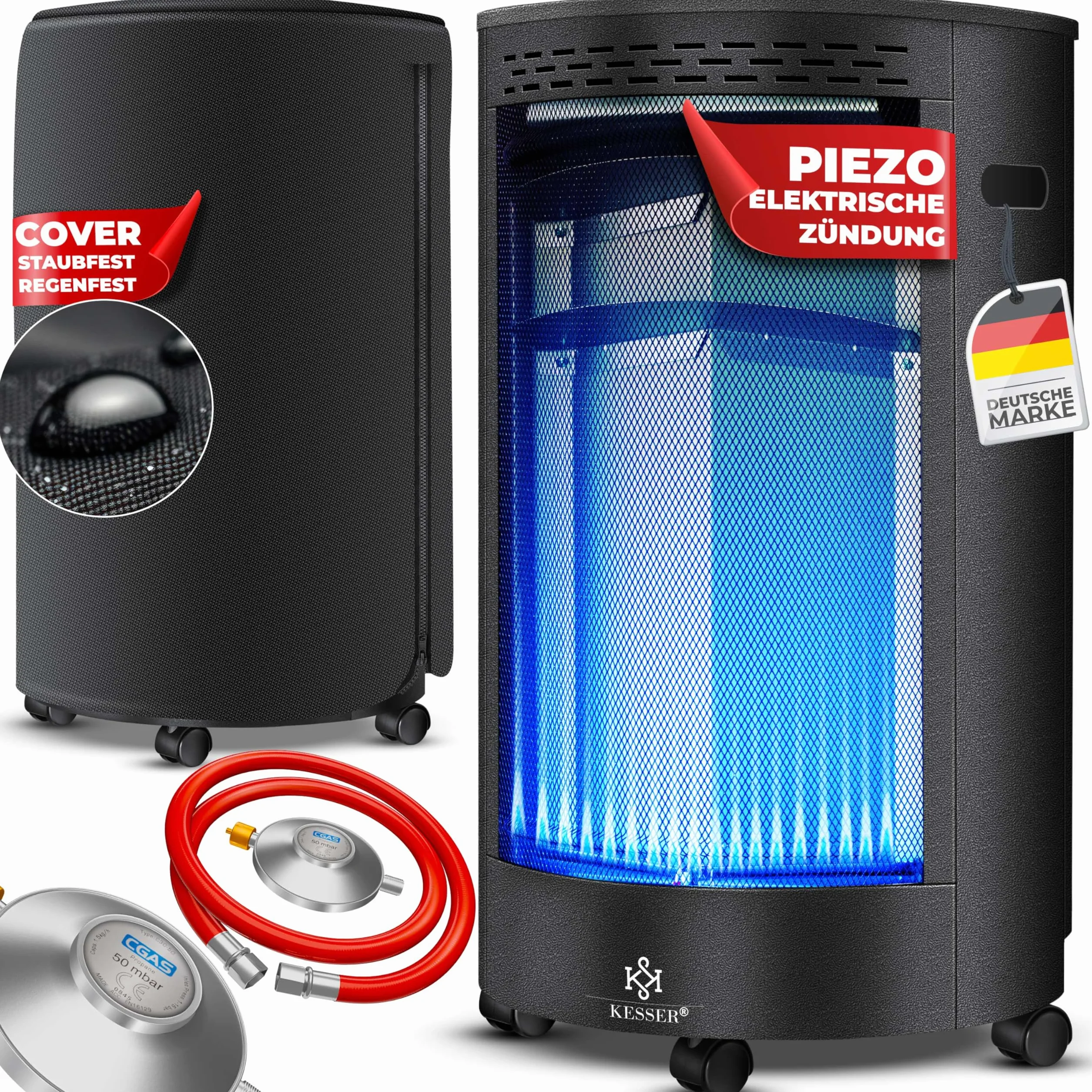 KESSER® Stufa a Gas in Ceramica da 4200 Watt radiante, incl. regolatore di Pressione del Gas, Tubo Flessibile - Riscaldatore a Gas, Generatore di Calore Nero
