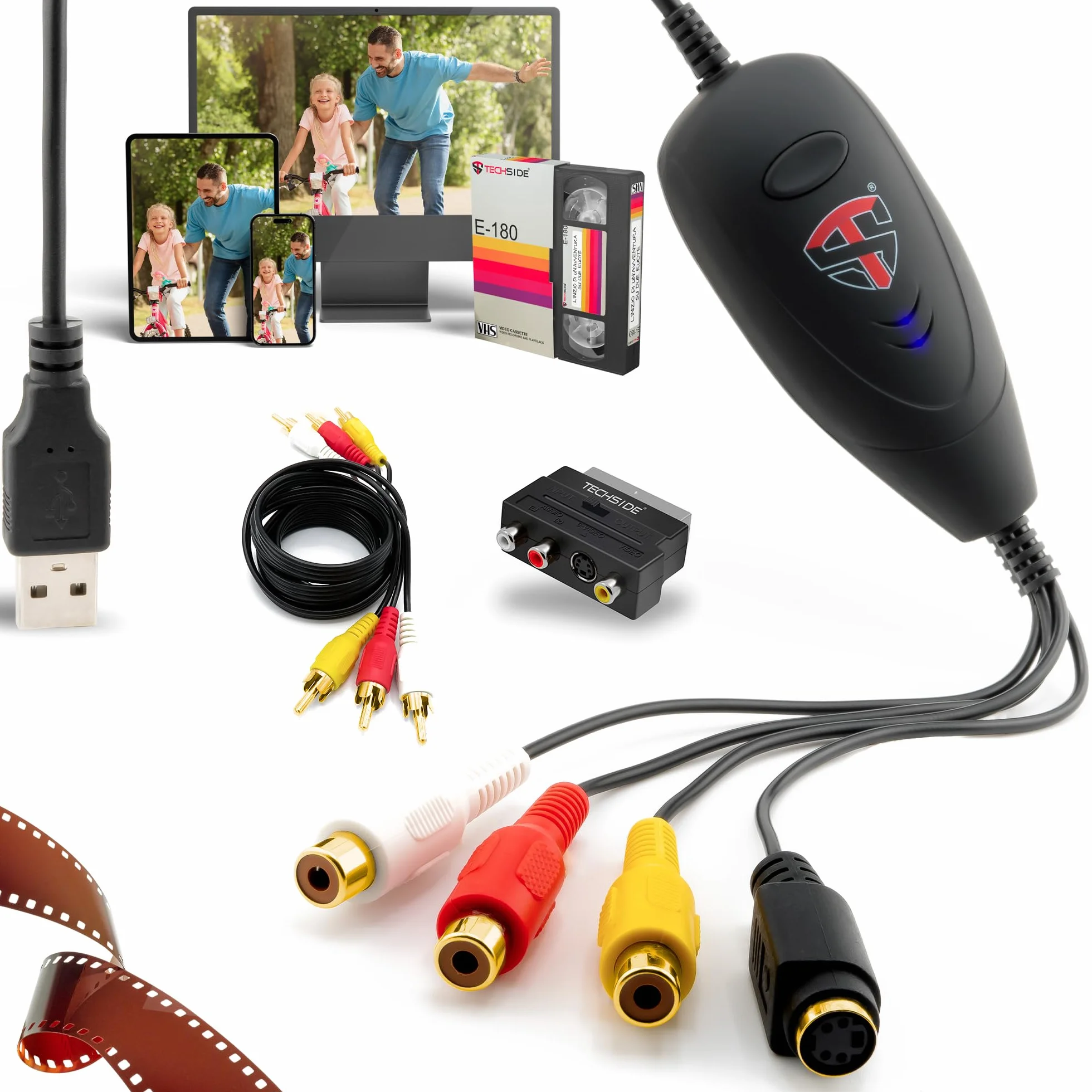 TechSide Video Grabber 2025: Convertitore VHS in Digitale USB 2.0 con SCART e RCA per Videoregistratore, Hi8, Mini DV – Scheda Acquisizione Video MP4