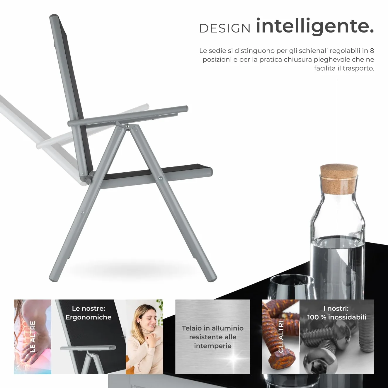 tectake® Set Tavolo da Esterno con Sedie, Telaio Alluminio, 1 Tavolo da Giardino Piano in Vetro, 4 Sedie Pieghevoli, Schienale Reclinabile 8 Posizioni, Set Resistente alle Intemperie - Grigio/Argento