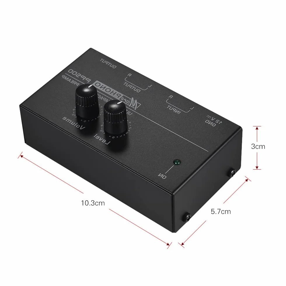 Preamplificatore Fono Ultra-Compatto con Controlli di Livello e Volume, Ingresso e Uscita RCA 1/4