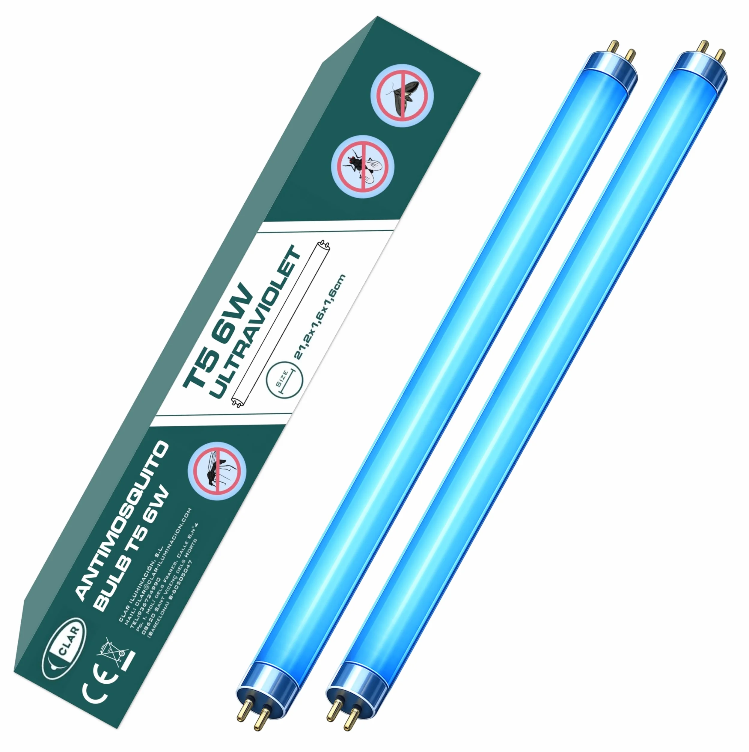 CLAR - Neon Per Zanzariera Elettrica, Lampada UV T5, Neon UV, Lampadine Antizanzare, Lampada Attinica, Lampadina Antizanzare, Lampadina Anti Insetti Per Esterno, 21,2 x 1,6 cm (6 Watts T5, Pack 5)