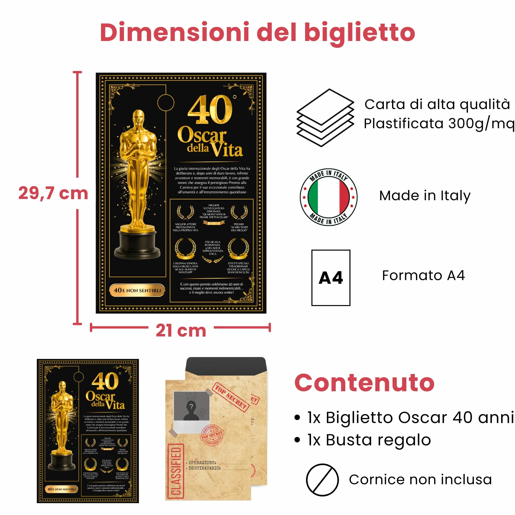Biglietto auguri 40 anni uomo donna Stile Oscar compleanno 40/50/60 anni