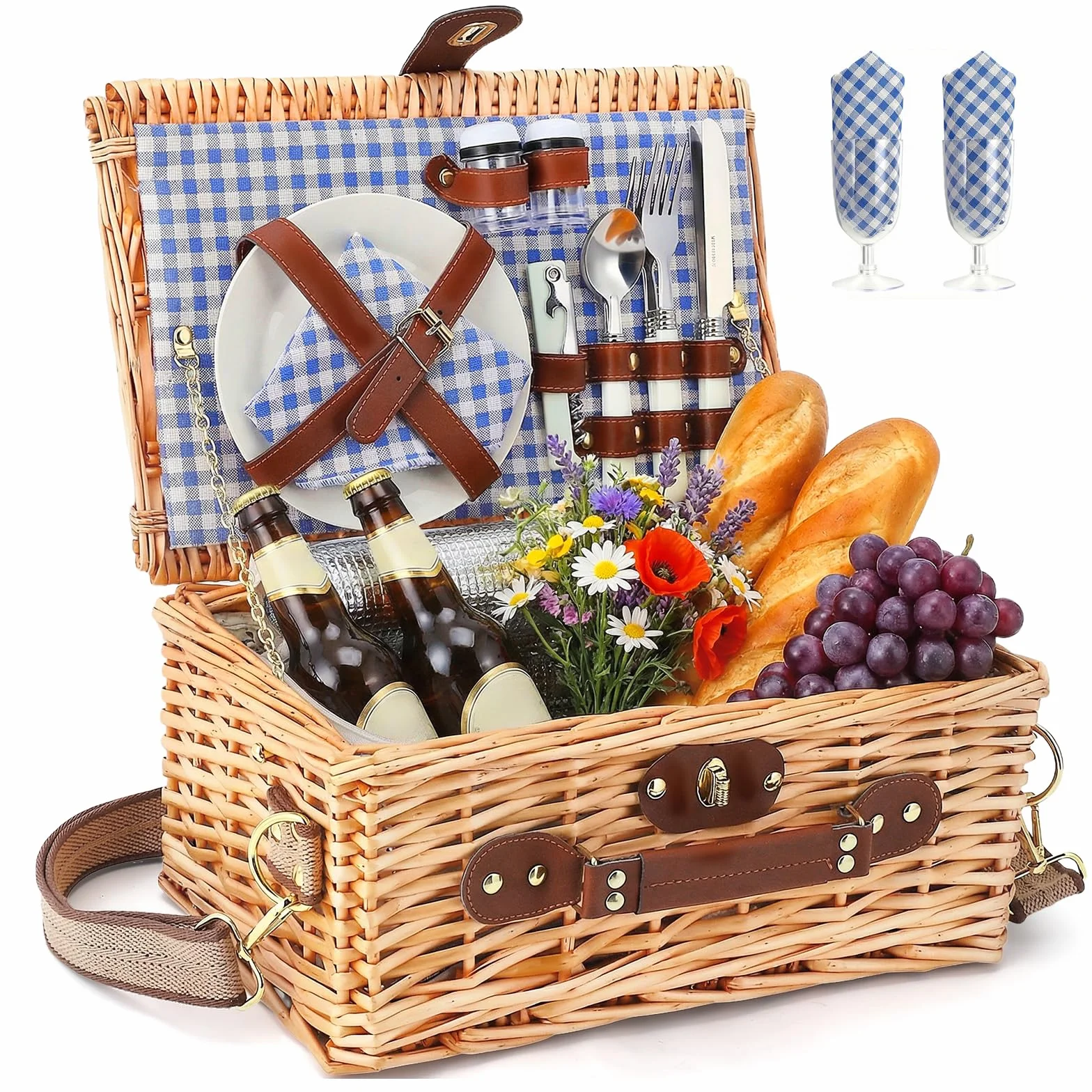 Wicker Picnic Basket Cestino da Picnic in Vimini per 2 Persone – Set Picnic con Vano Isotermico, Piatti, Posate, Bicchieri da Vino, Cavatappi – Perfetto per Spiaggia, Campagna, Parco & Regalo BBQ