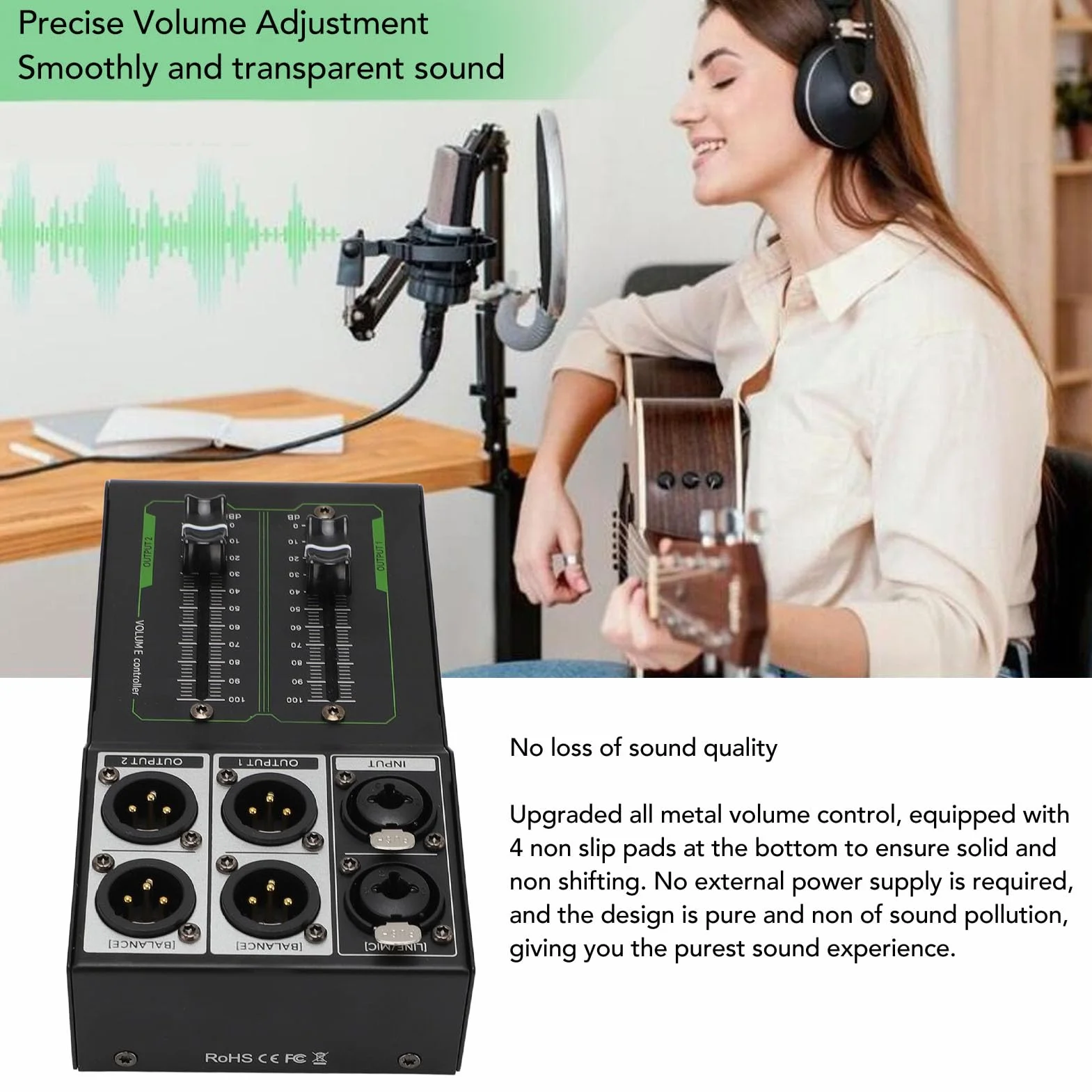 Controller di Volume Passivo Stereo XLR 2 Ingressi 4 Uscite, Fader 70 mm Alta Precisione, Audio HiFi