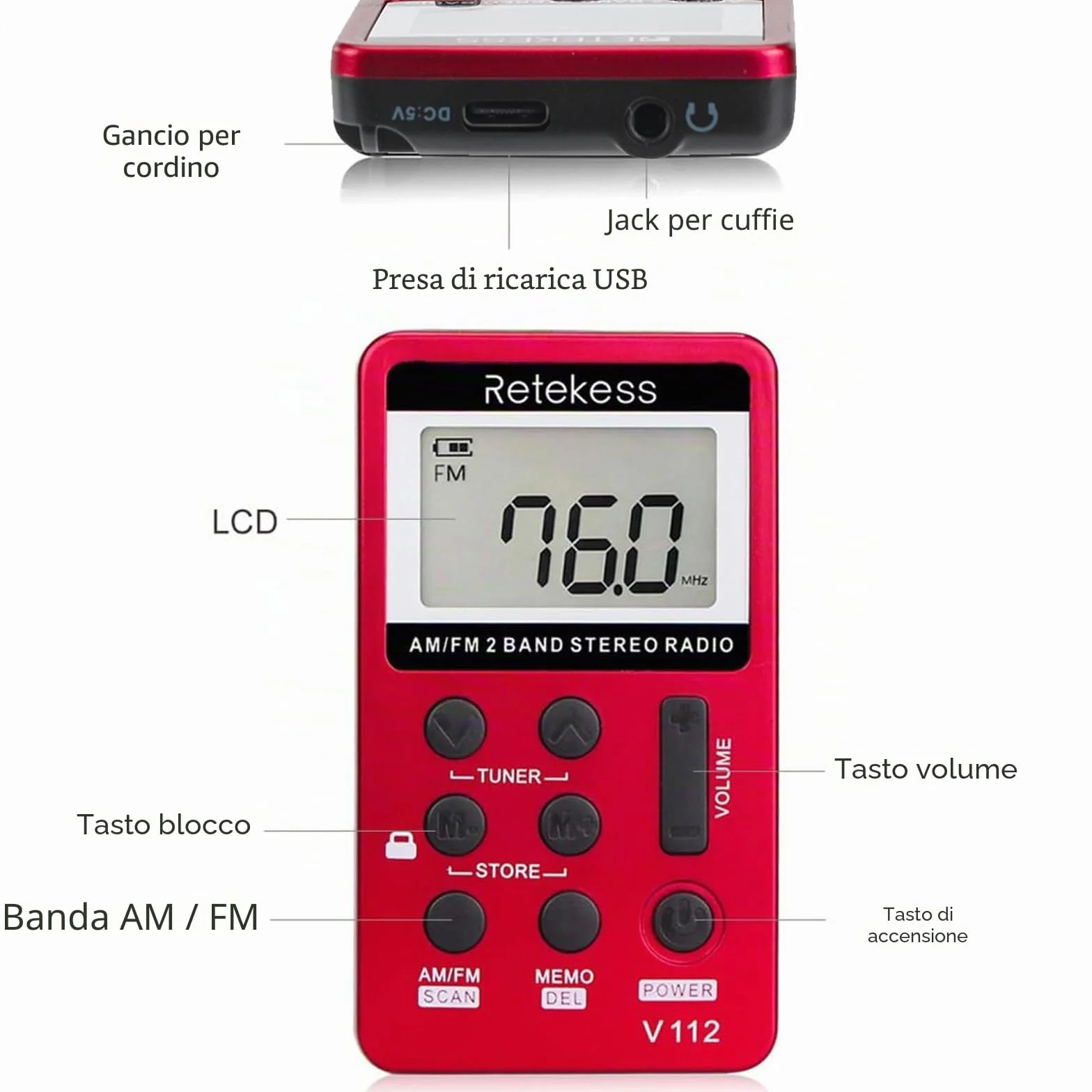 Retekess V112 Mini Radio Portatile AM FM Ricaricabile con Cuffie a Batteria Rosso
