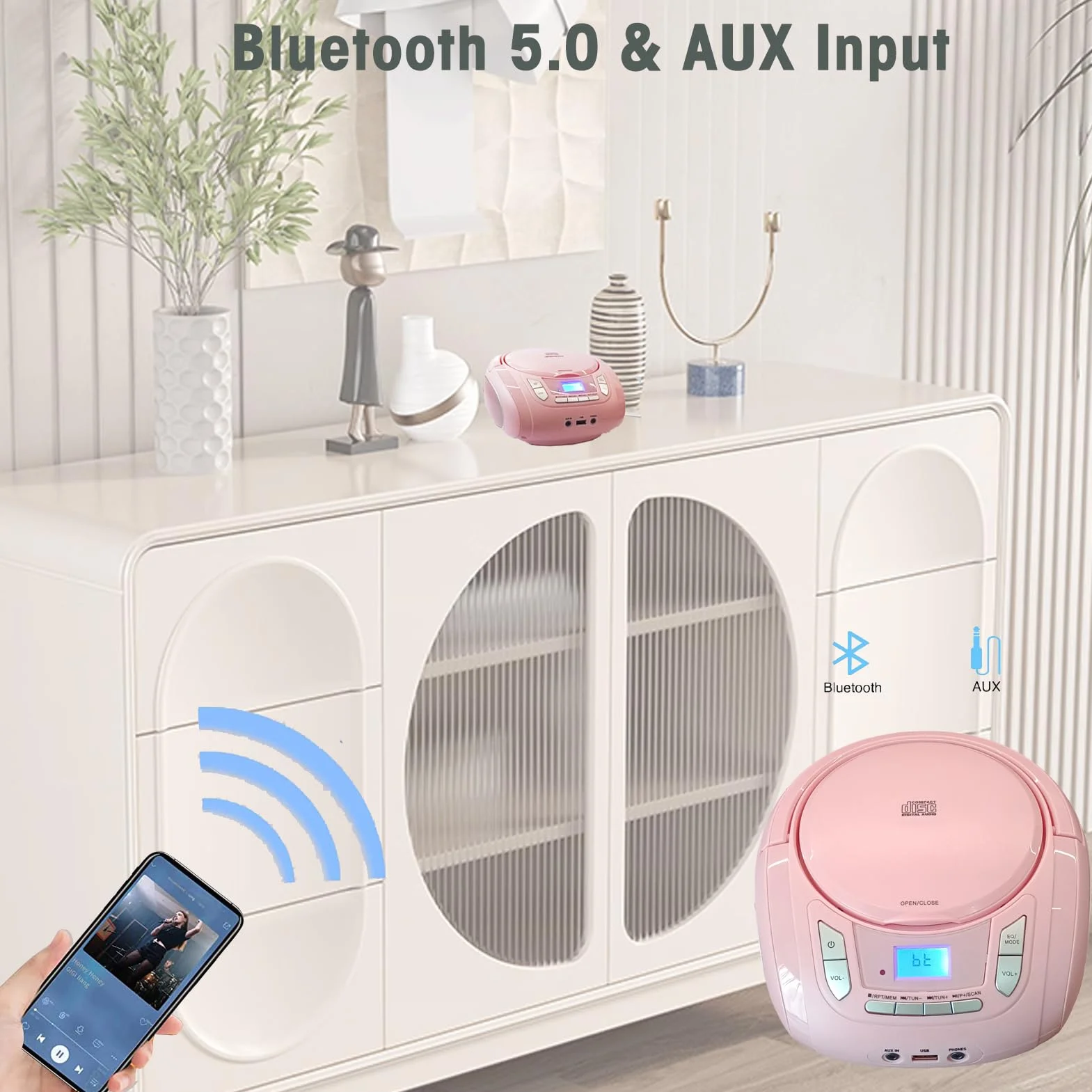 Lettore CD portatile Boombox Bluetooth radio FM USB AUX Rosa