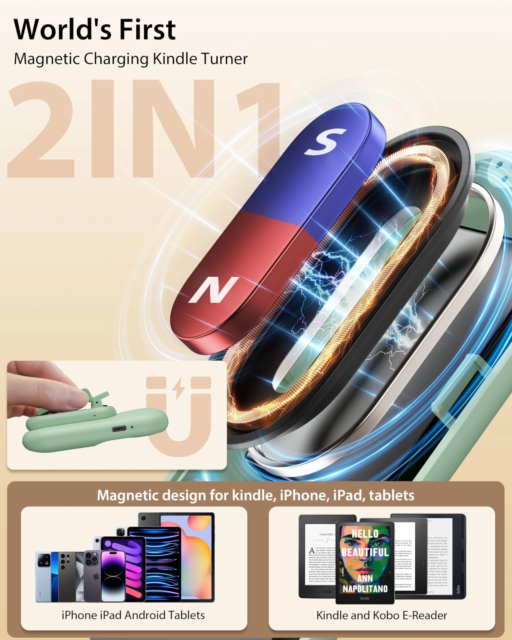 Stouchi 2 in 1 Magnetic Kindle Clicker Control Ergonomico per Kindle Paperwhite Colorsoft Oasis Scribe eReader iPad Tablet con Cinturino da Polso-Matcha