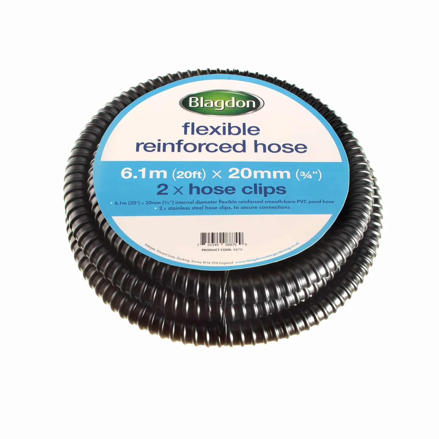 Blagdon Tubo flessibile rinforzato per laghetto, 6,1 m x 20 mm di diametro interno, tubo per laghetto in PVC a foro liscio, include 2 fascette stringitubo in acciaio inox, tubi ondulati, resistenti e