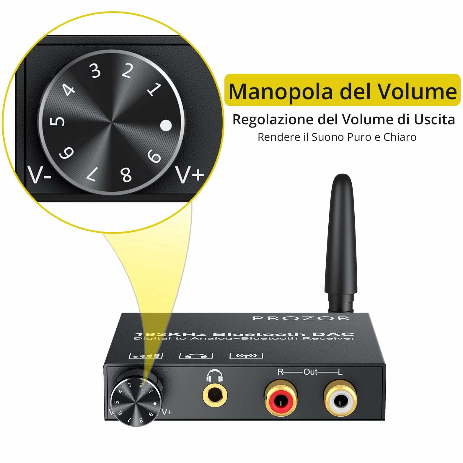 PROZOR Convertitore DAC 192kHz Bluetooth 5.0 Volume Regolabile Adattatore Audio Digitale Coaxial Toslink Analogico Stereo L/R RCA 3.5mm