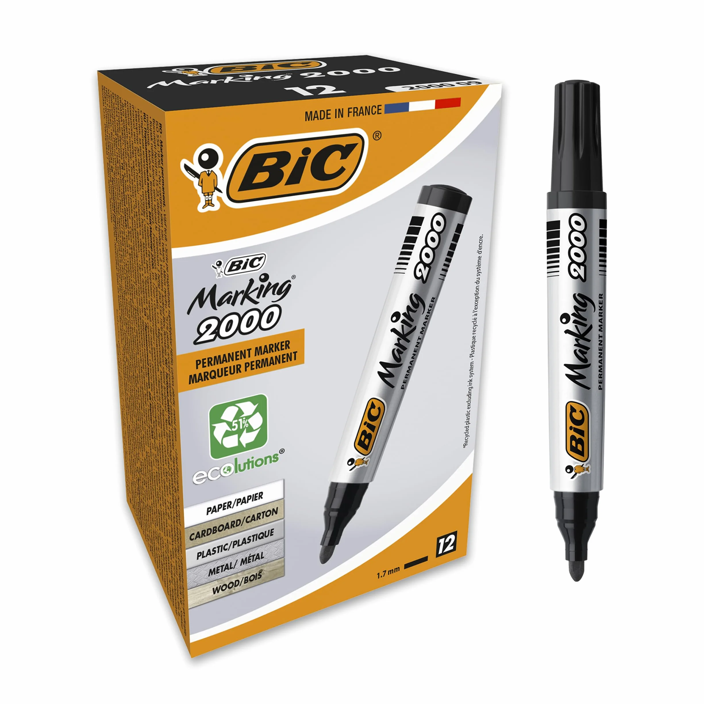 BIC Intensity Marking 2000 Pennarelli Indelebili Neri ECOlutions Punta Tonda Resistente 12 Unità
