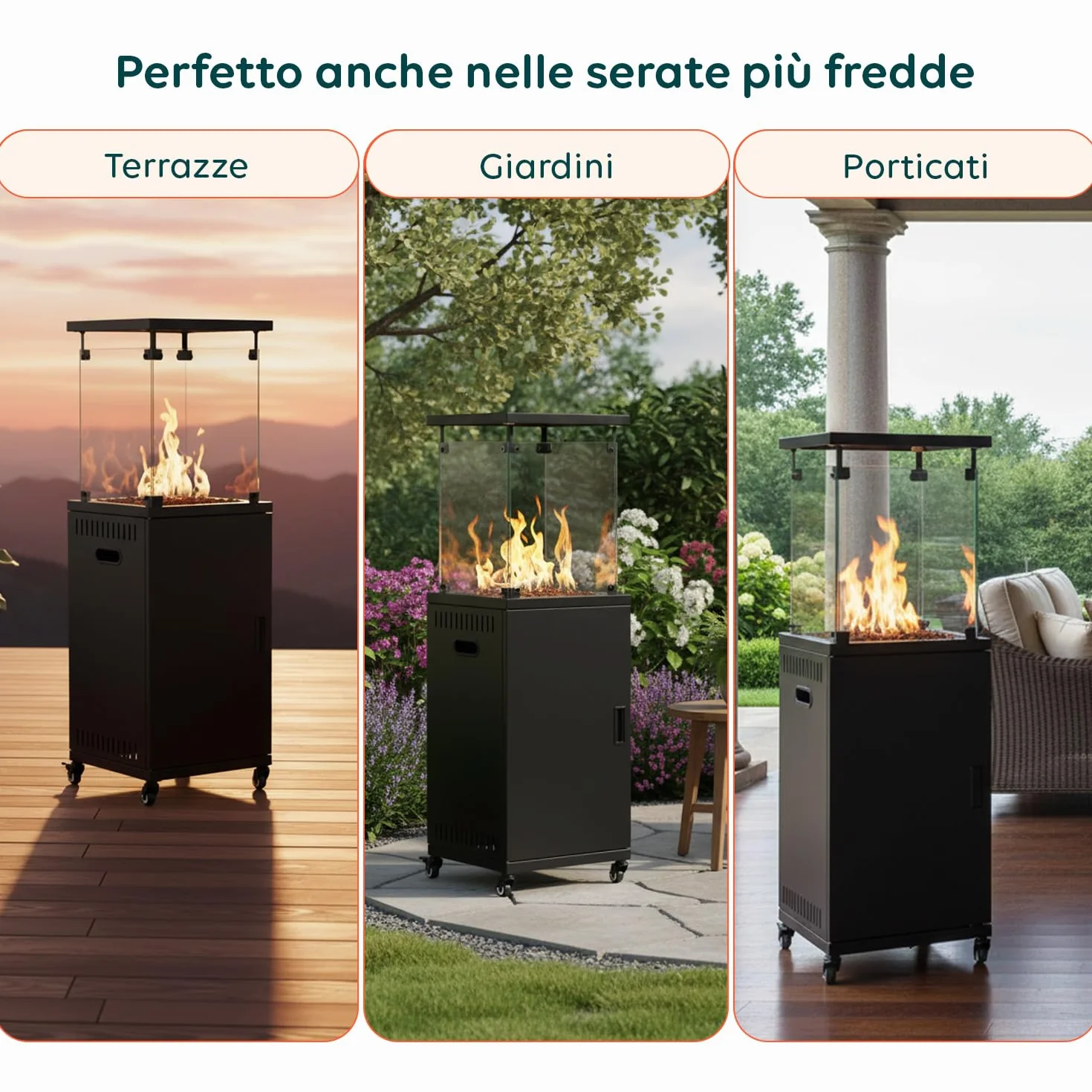 Wintem Caminetto a Gas da Esterno Nero 12 kW 15 m² Accensione Piezoelettrica Roccia Lavica Ruote