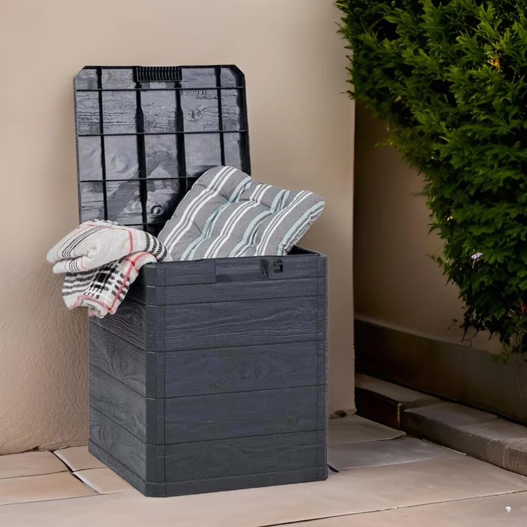 MA MAISON Bauletto Multibox da Giardino 90 Litri Effetto Simil Legno Contenitore Stoccaggio in Resina Antracite 42,5x44x50h cm da Esterno da Interno Resistente ai Raggi Uv - Made in Italy