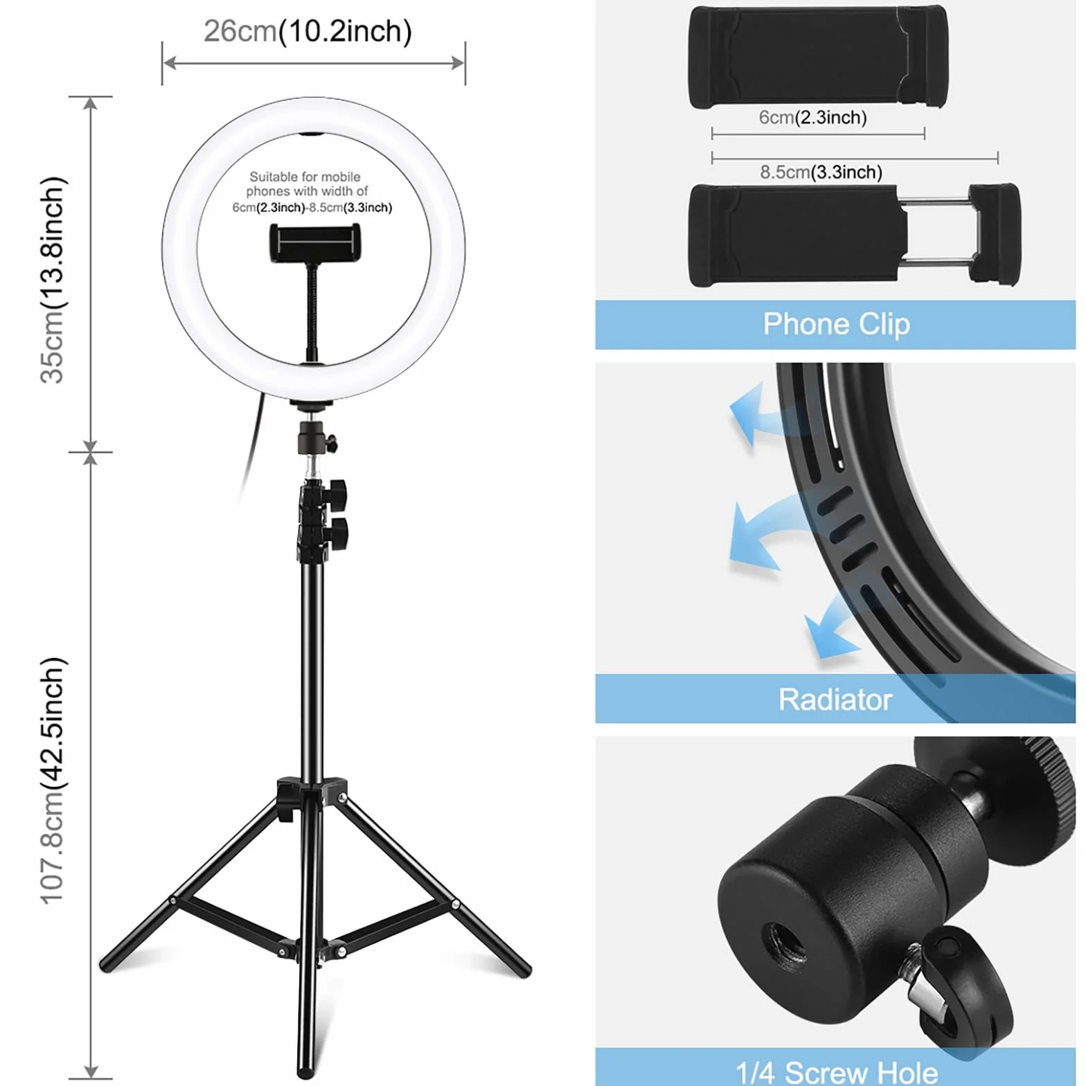 ELLENNE Anello Luminoso LED Selfie Ring Light 26cm Smartphone Treppiede