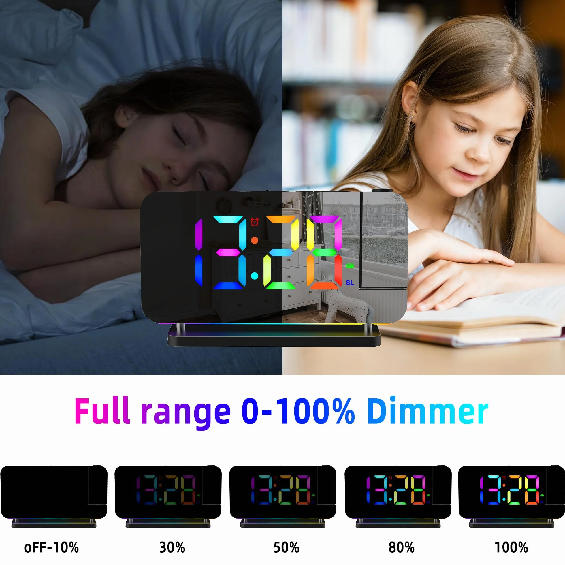 Sveglia Proiezione Specchio 11 RGB 10 Colori Luce Notturna LED Orologio da Scrivania