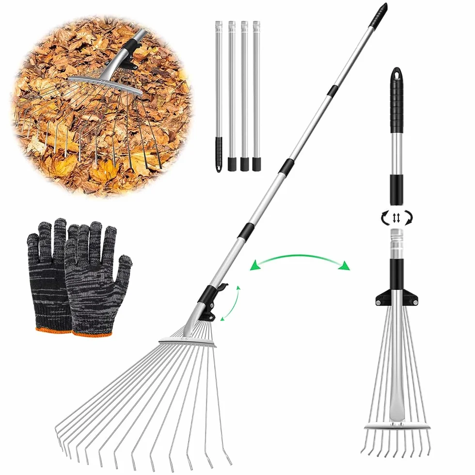 Rastrello Foglie con Manico,215,Rastrello Foglie acciaio,Scopa da Giardino per Foglie Rastrello con Manico,Rastrello per la Pulizia di Piante, Prati e Cortili