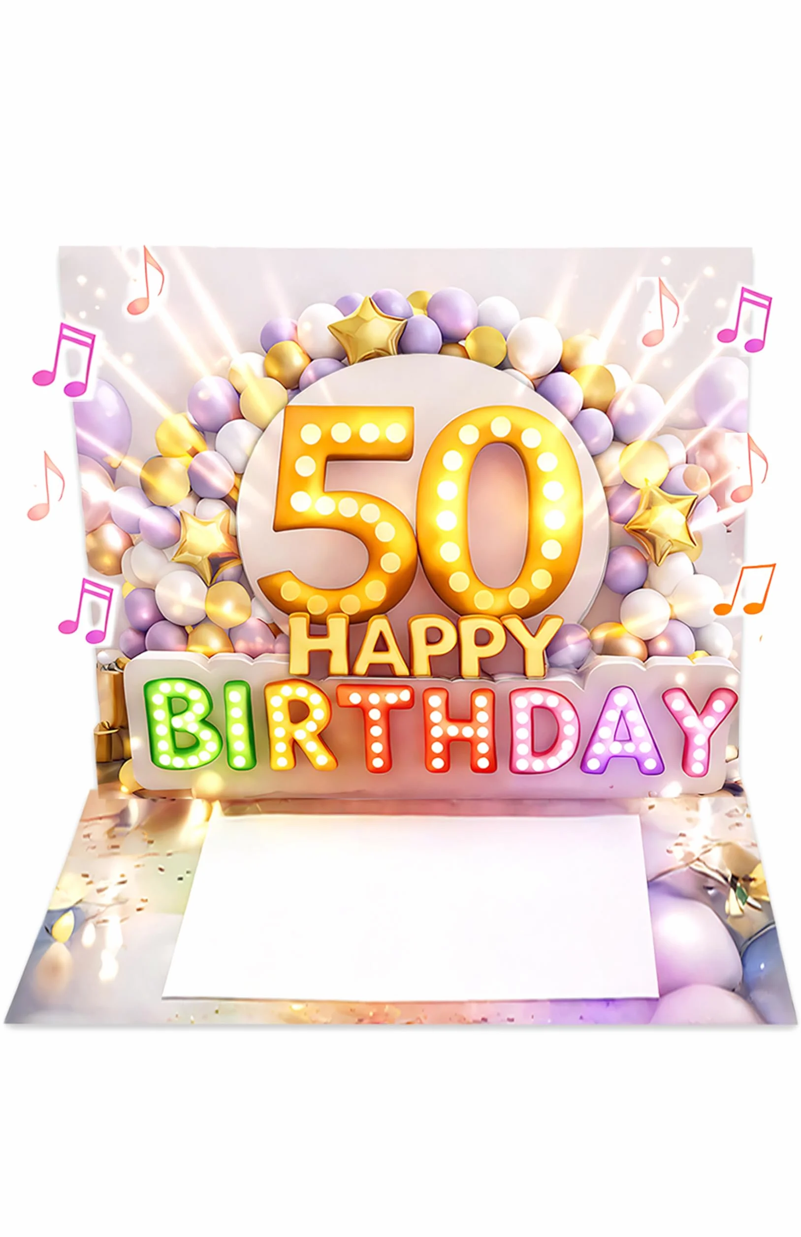 Joli Coon Biglietto auguri 50 anni donna pop up 3D con musica e luce, busta e adesivo sigillo 20×15 cm