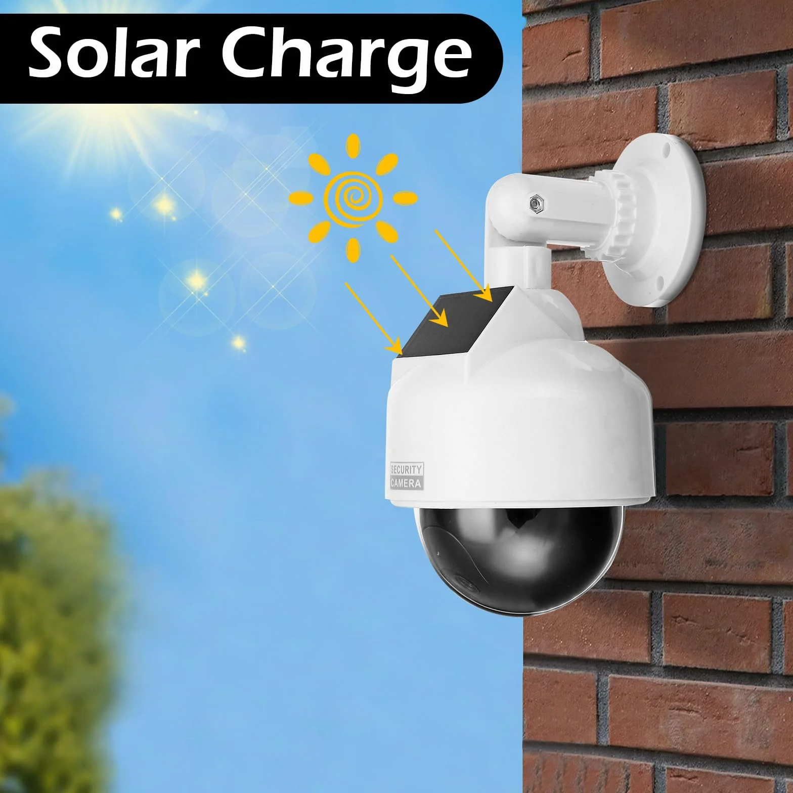 Finta telecamera di sorveglianza a energia solare con LED rosso lampeggiante, impermeabile per interni ed esterni