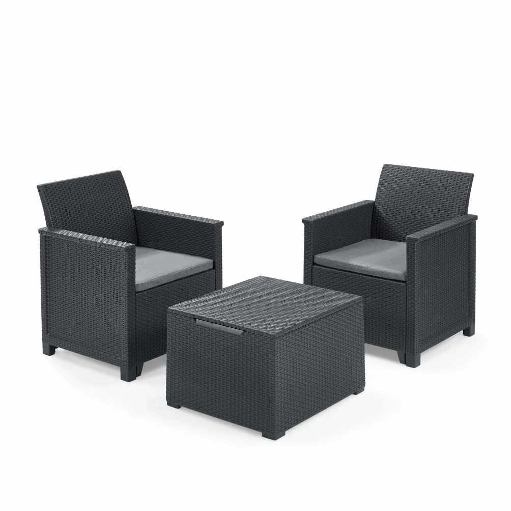 Keter Emma Balcony Set - Mobile da esterno composto da due poltrone con cuscini e tavolino contenitore, grafite