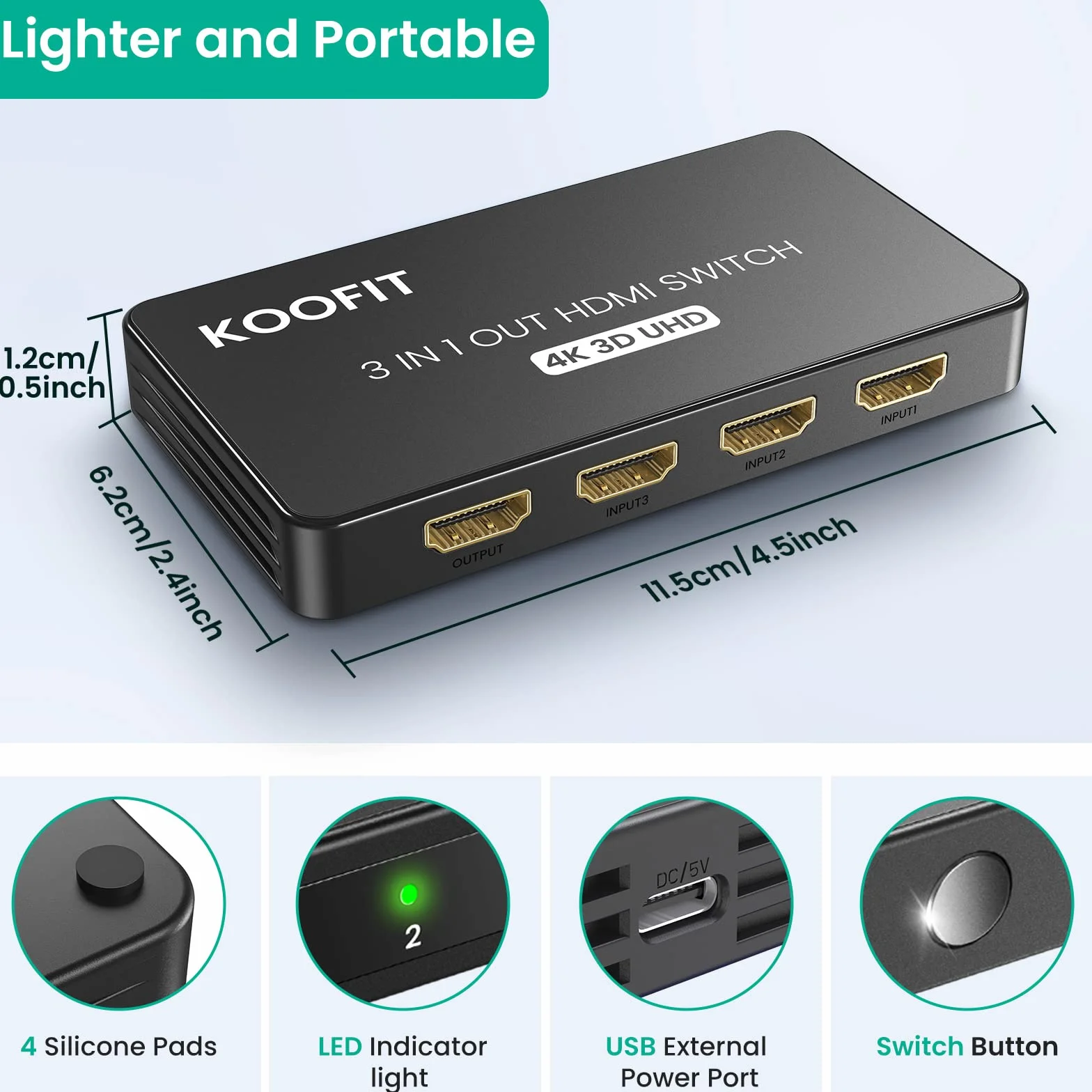 KOOFIT Switch HDMI 4K@60Hz Automatyczny 3 Porte Splitter z Telekomendą dla PS5 PS4 Xbox