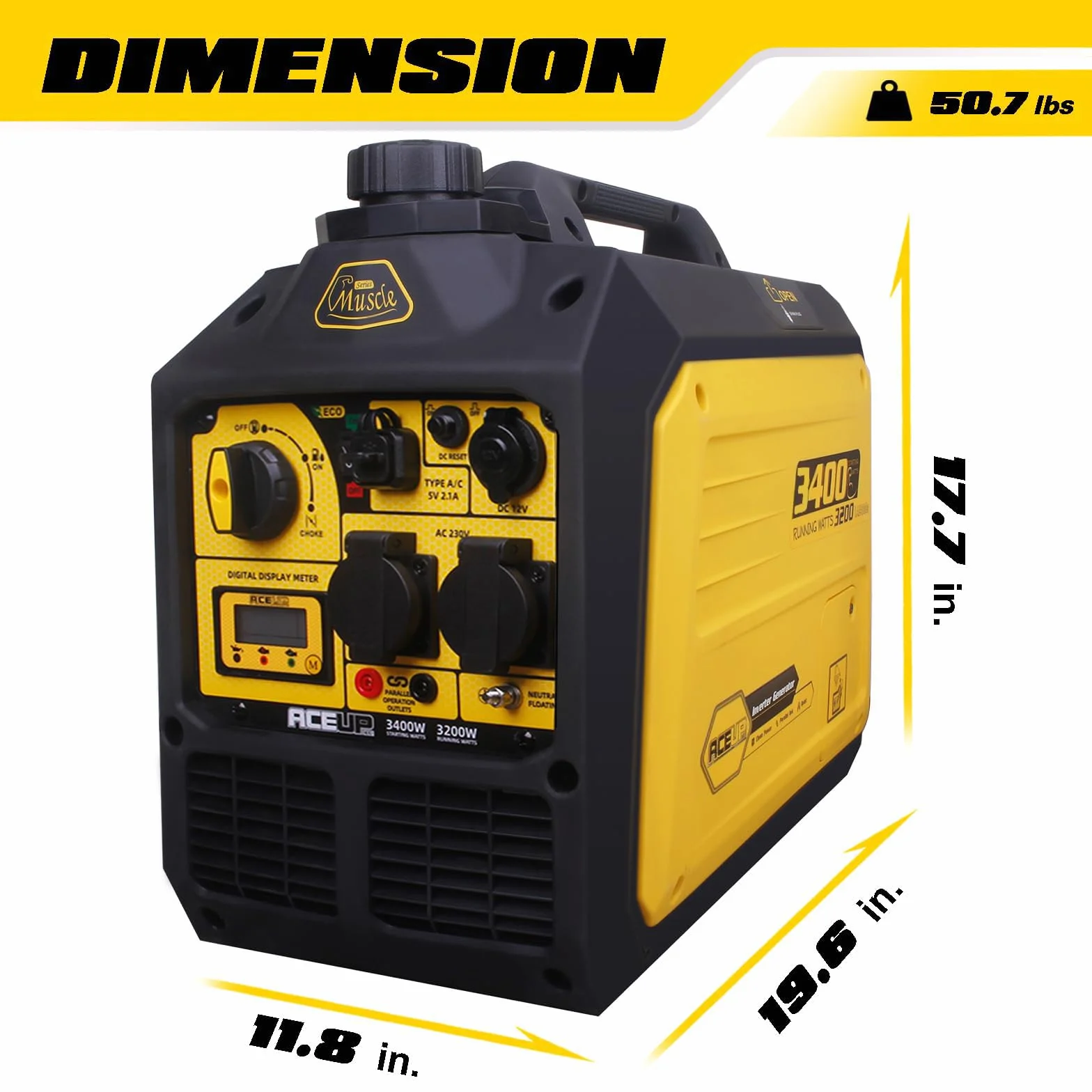 Aceup Energy 3400W Generatore Inverter Generatore di Corrente Benzina con Display Digitale Prese Multiuso Modalità Eco, per il Campeggio L'esterno, L'uso domestico Portatile e Silenzioso