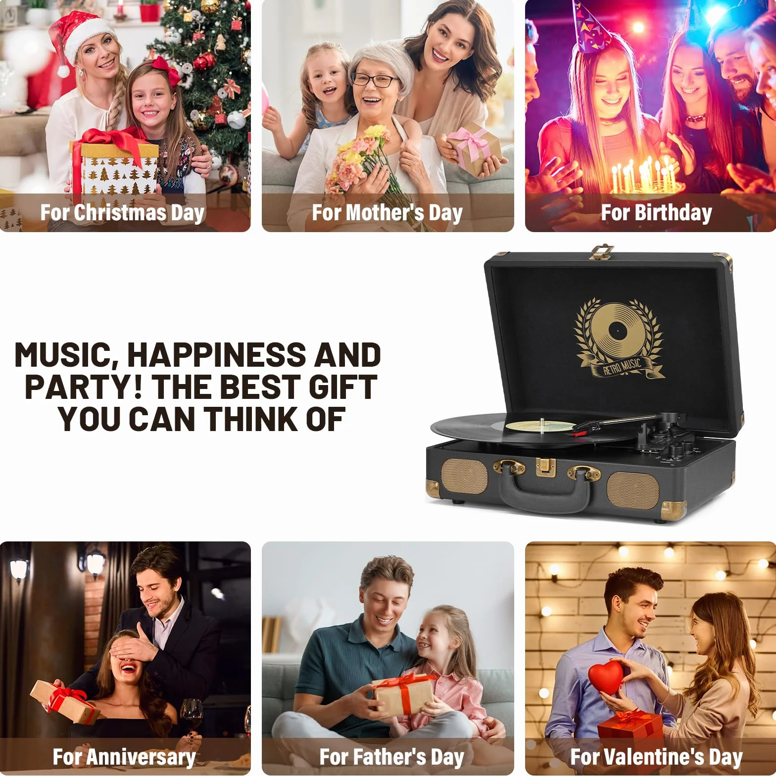 Giradischi in vinile Bluetooth portatile 3 velocità USB MP3 vintage valigia con altoparlanti integrati nero