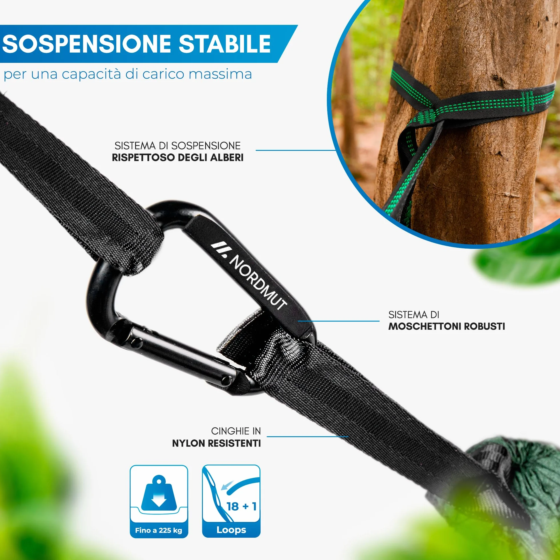 NORDMUT Amaca Ultralight Outdoor Set di Fissaggio – Amaca da Campeggio con Protezione Alberi – Portata 300 kg Verde 140x275 cm