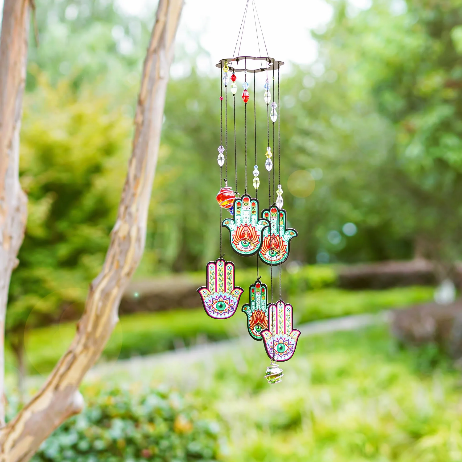 YUFENG - Scacciapensieri con mano di Hamsa, portafortuna, 38,1 cm, decorazione in vetro metallico per casa e giardino