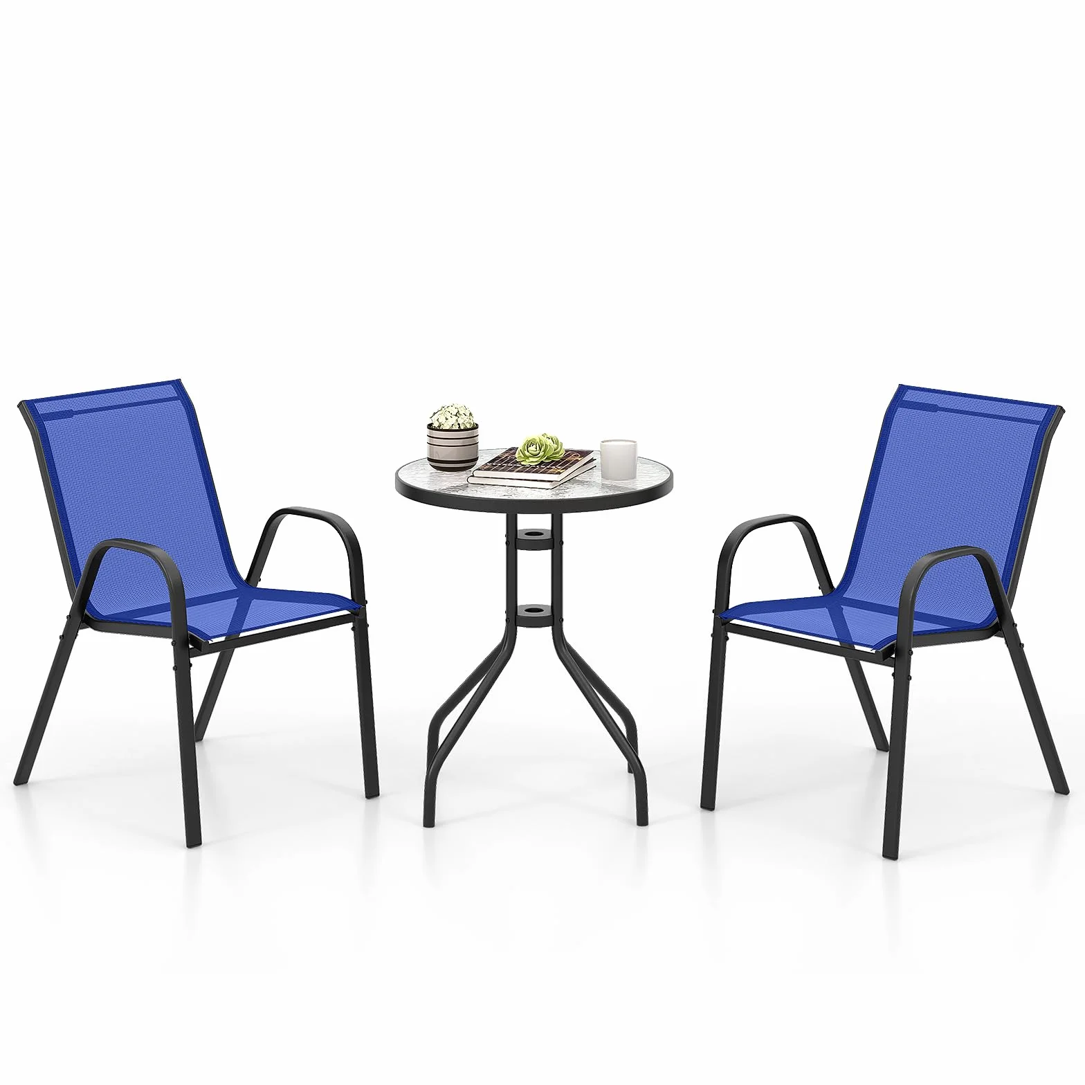 COSTWAY Set Mobili da Giardino 3 Pezzi, con Tavolo Rotondo in Vetro Temperato e 2 Sedie in Textilene Traspirante, per Esterno Balcone Giardino (Blu)