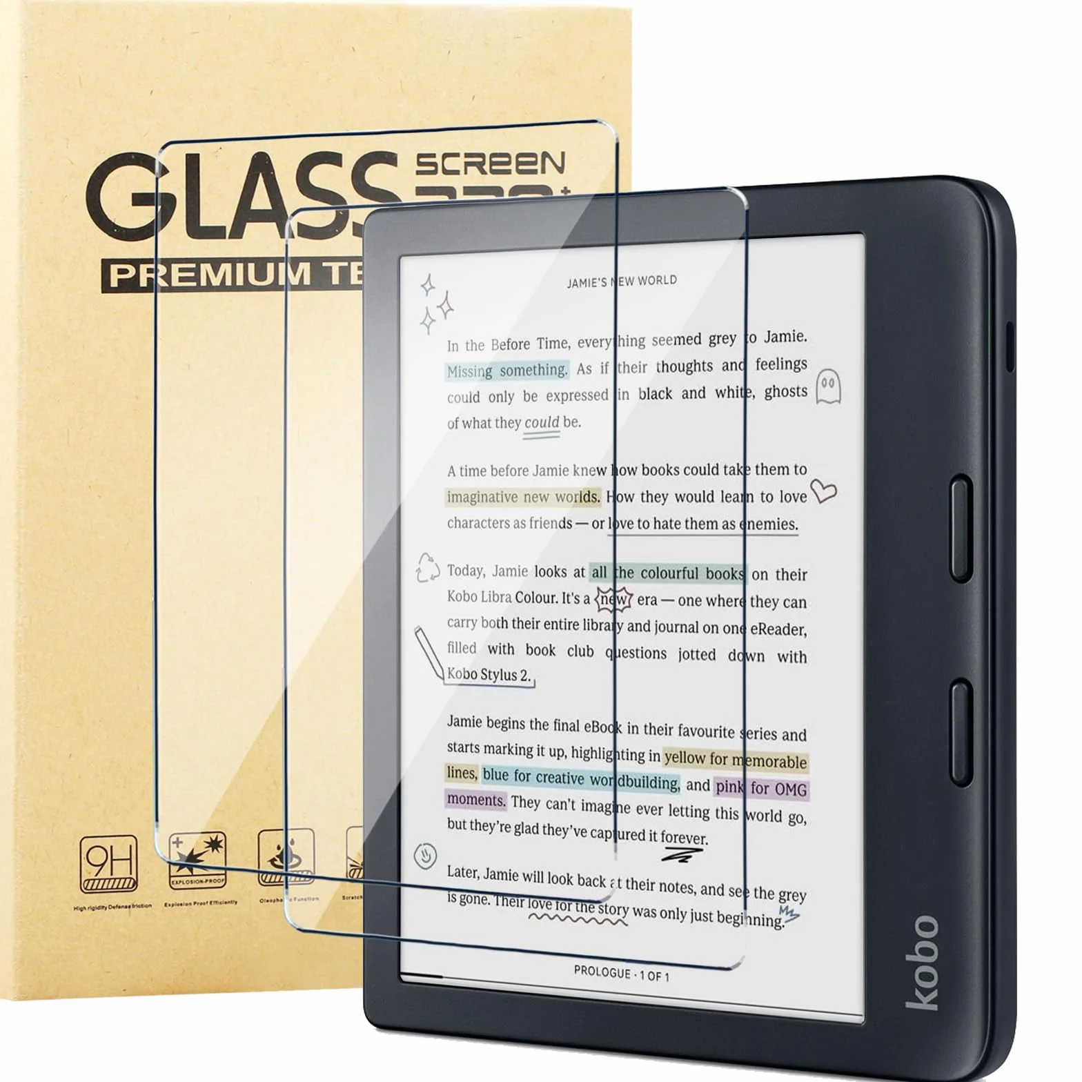 Pellicola Vetro Temperato per Kobo Libra Colour, 2 Pezzi Durezza 9H Anti-Graffio HD Trasparente