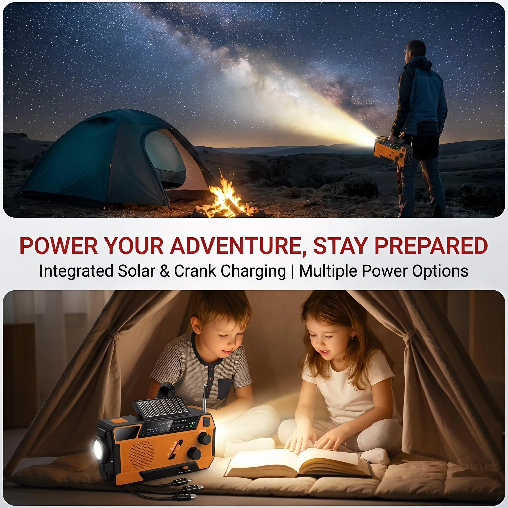 Radio di Emergenza a Manovella con Pannello Solare, Powerbank 2000mAh, Torcia LED SOS