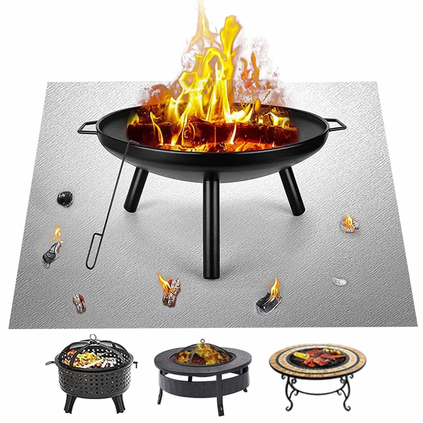 Tappetino per braciere, 90 x 99 cm, quadrato, ignifugo, per barbecue, braciere portatile, tappetino quadrato ignifugo, resistente per terrazza, erba, prato, cortile