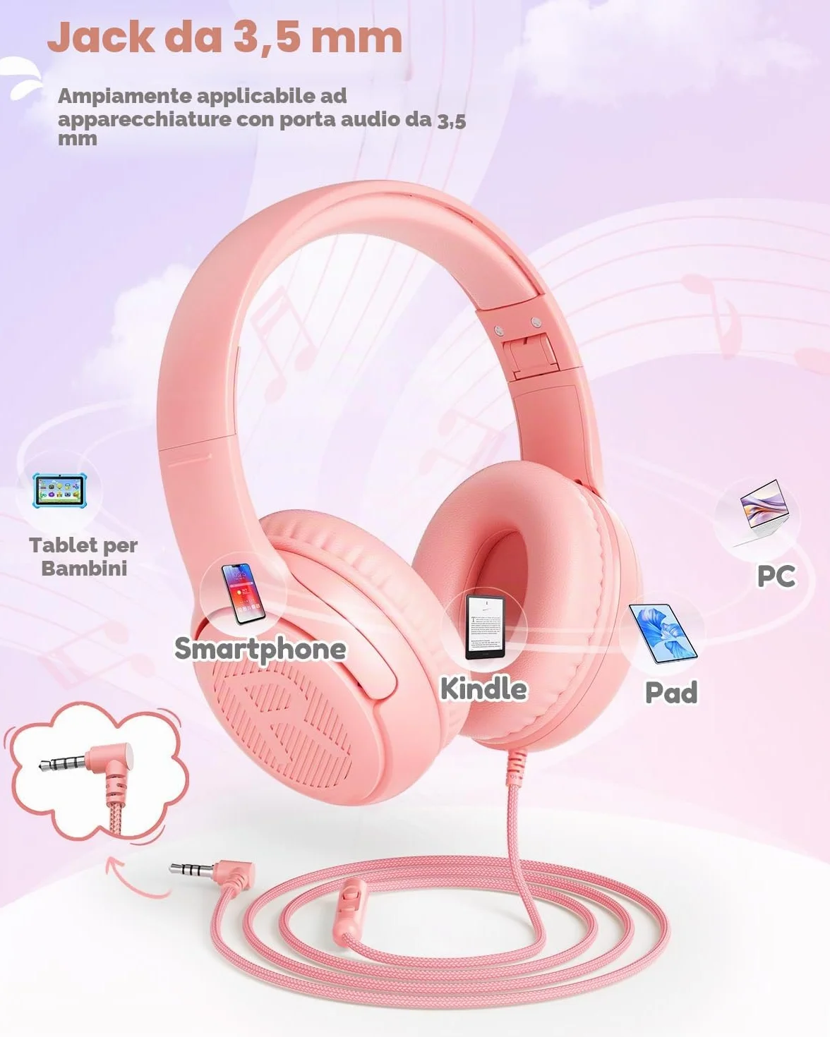 Cuffie per Bambini con Microfono, Limitazione Volume 85/94 dB, Jack 3,5 mm, Design Pieghevole, On-ear (Rosa)