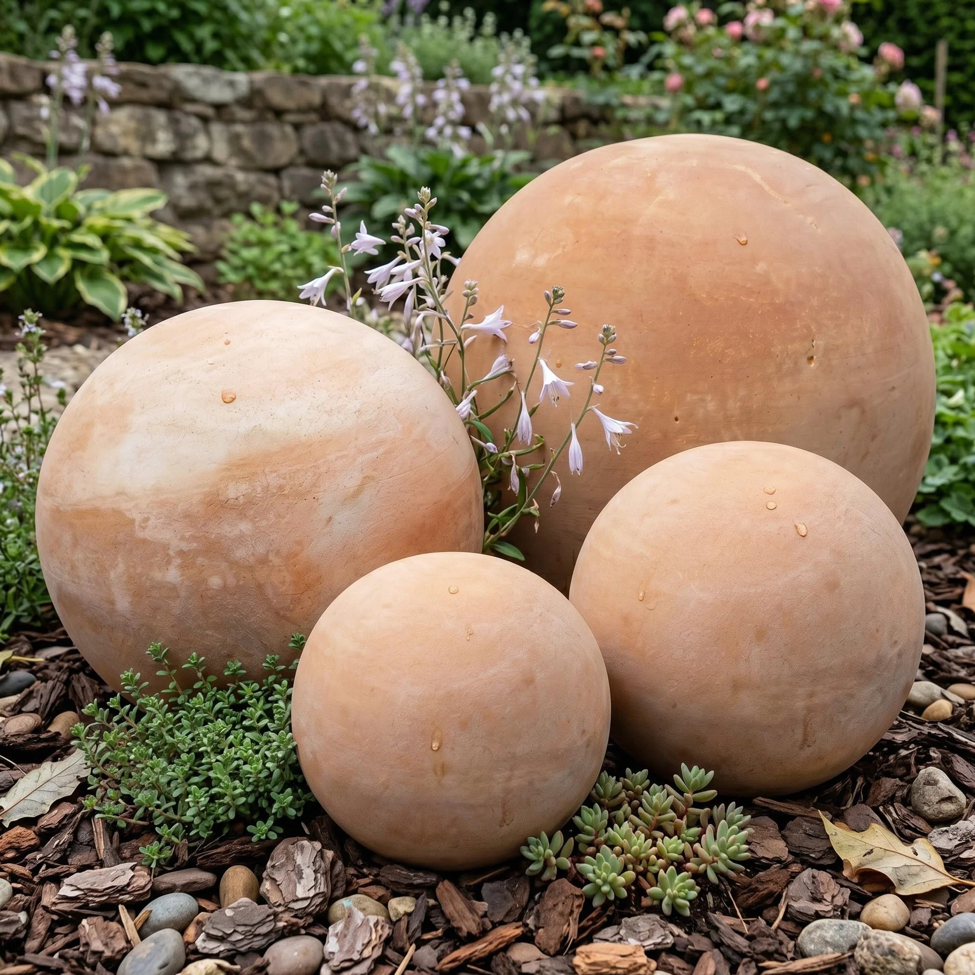 Sfera Decorativa da Giardino Set di 4 in Terracotta (10 cm, 15 cm, 20 cm e 30 cm) di Alta qualità Resistente al Gelo e alle intemperie. Ideale Come Decorazione da Giardino.