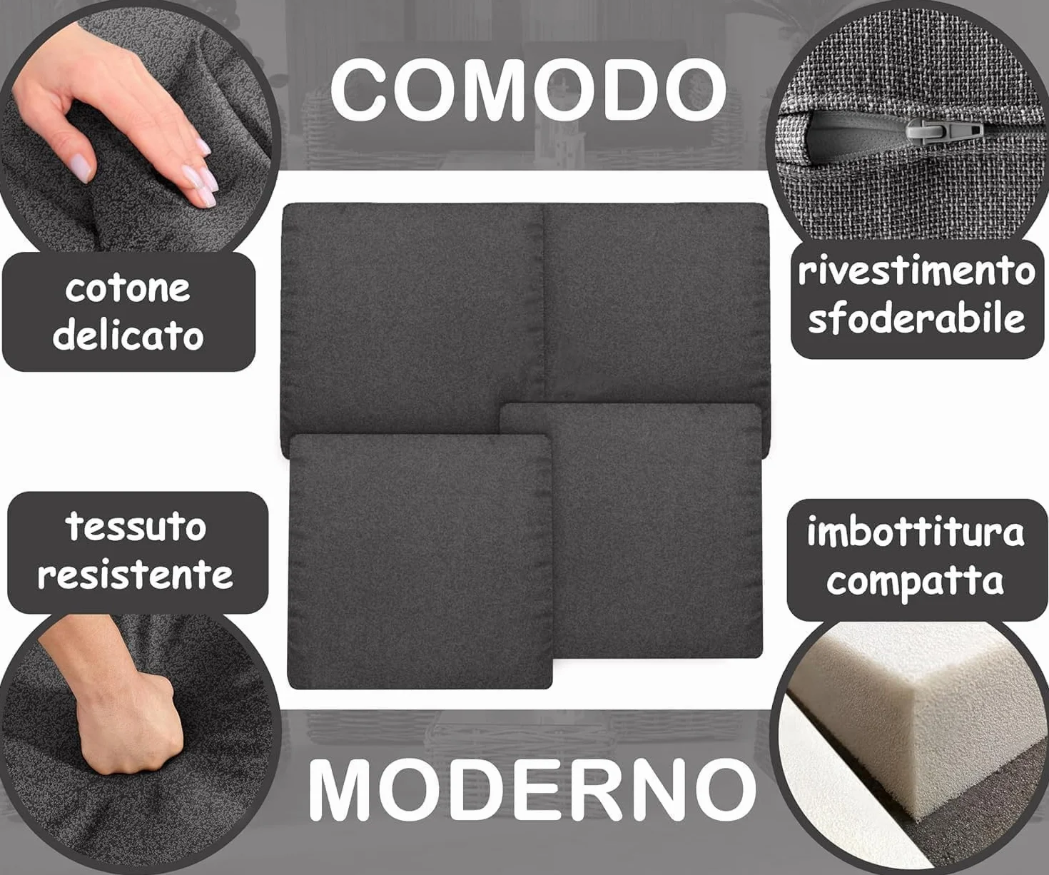 HAND 2 Cuscini da Esterno 53x50 cm, Alto 5 cm - per Sedie da Giardino - Seduta Imbottita, Morbida - Cuscini per Arredo Esterni, Salottini Rattan, 100% Cotone, Prodotto in Italia (Antracite)