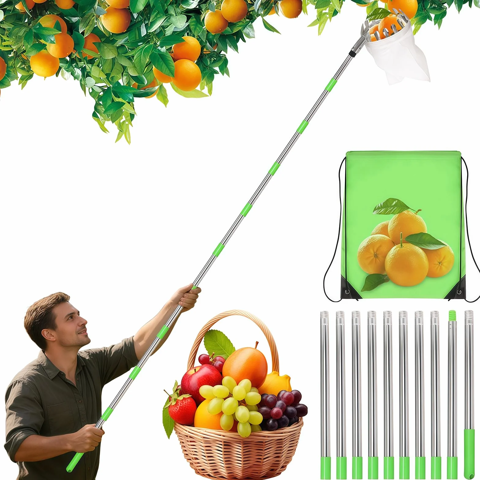 GAESHOW Raccogli Frutta Telescopico 4M, Raccoglitore di Frutta con Manico Telescopico, con Palo in Acciaio Inox Leggero e Sacchetto di Cotone, Picker per Apple Limone Cherry