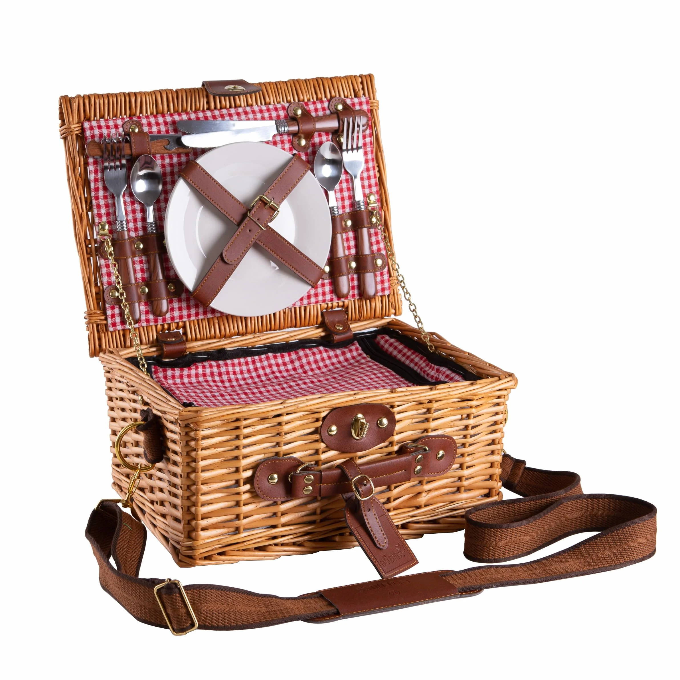 Cestino da picnic in vimini per 2 Persone con tracolla rimovibile, scomparto frigo e accessori inclusi | ROSSO