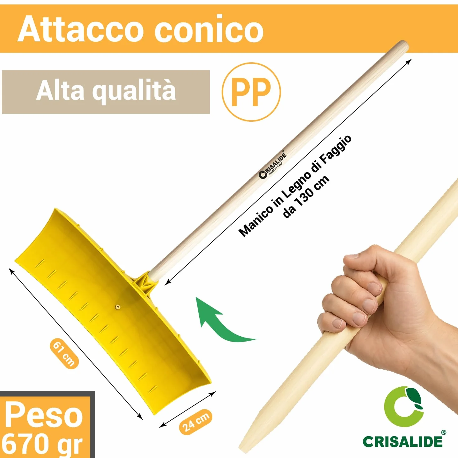 Crisalide® - Pala da Neve con Manico 130 cm in Legno di Faggio – Spingi Neve Multiuso 61 cm in Polipropilene PP, Peso 670 g – Pala Spingineve per Neve, Cereali, Ghiaia e Fango per Vialetti Cortili