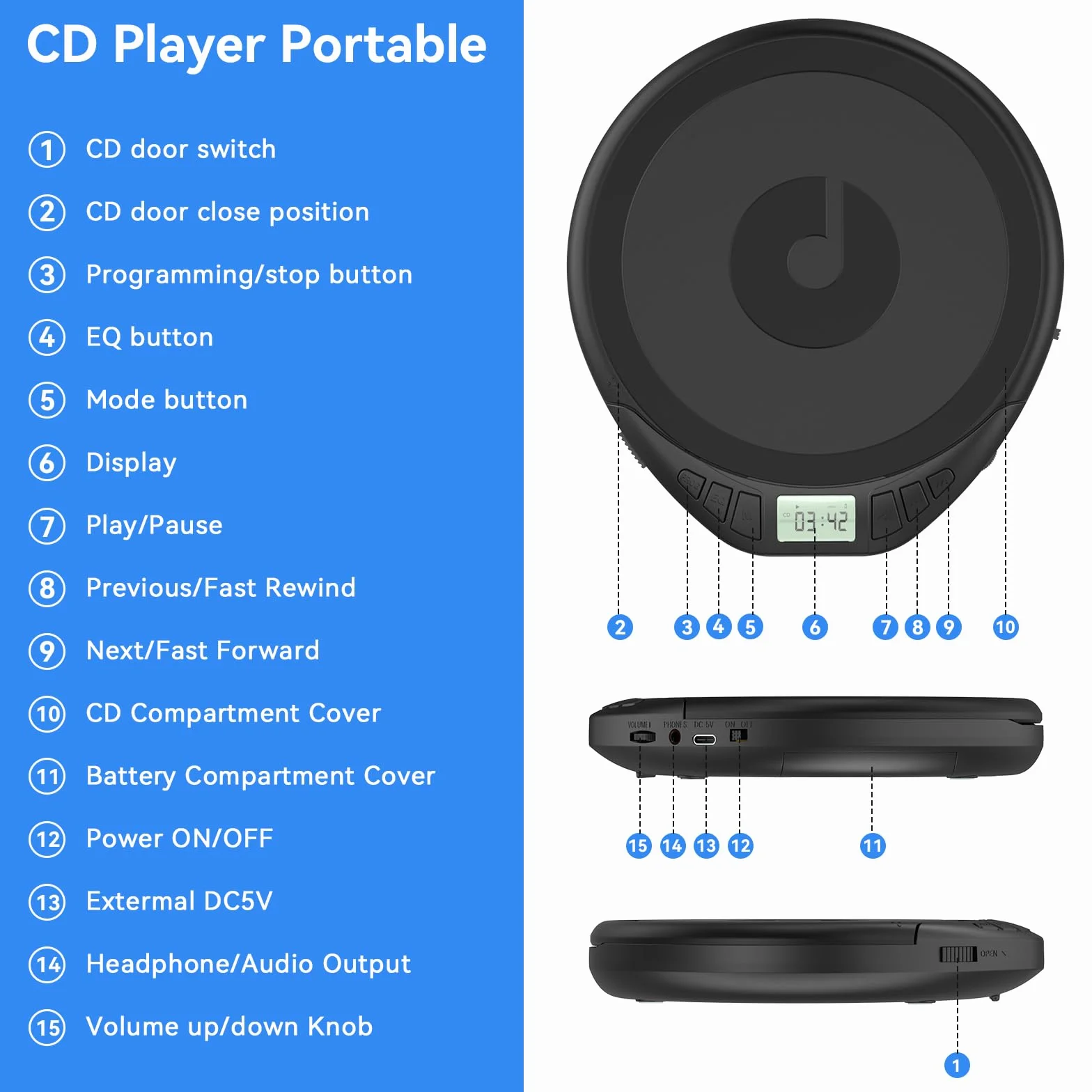 Lettore CD Portatile HiFi con Cuffie Display LCD Anti-Skip
