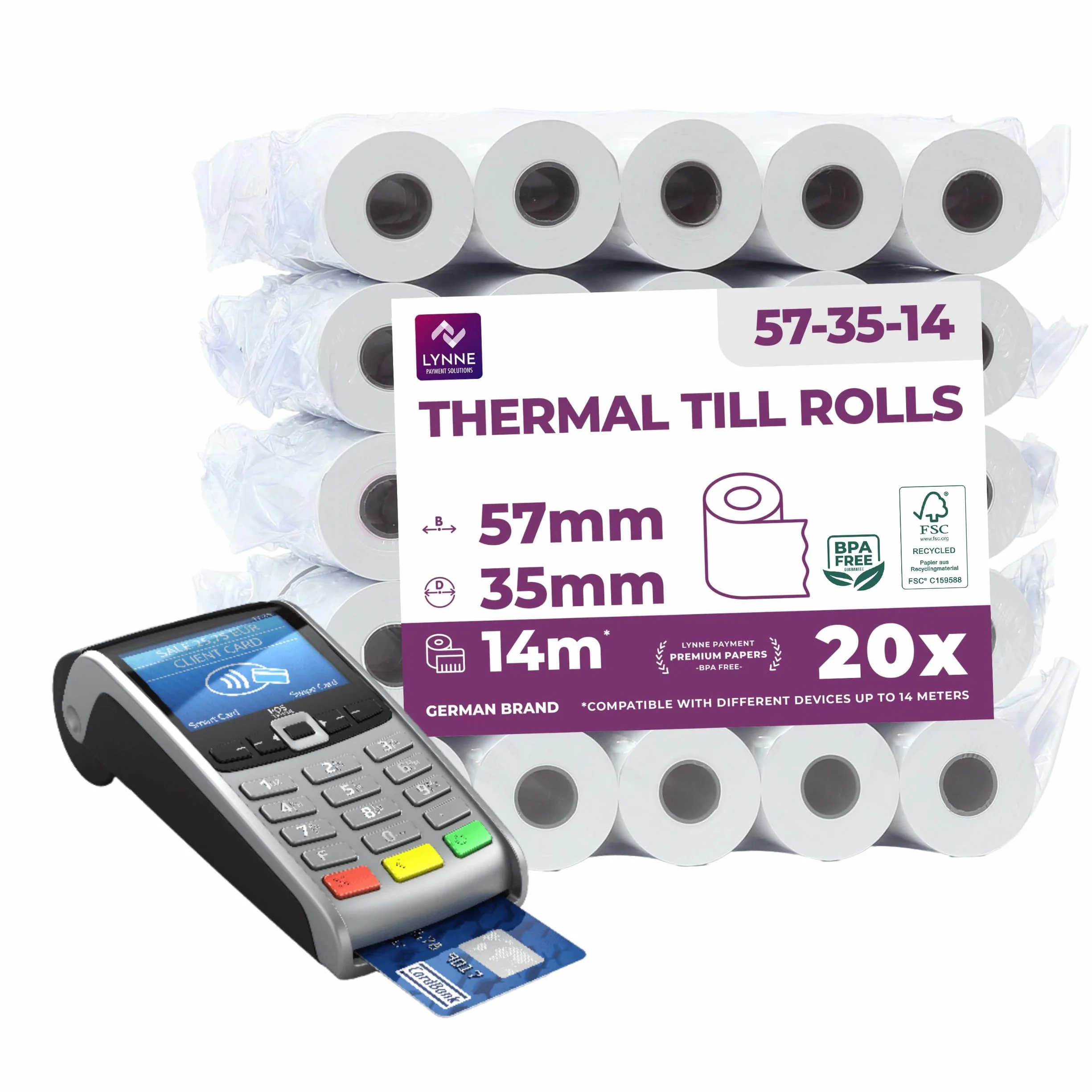Rotoli POS 57x35x12 Carta Termica per Ricevute Bancomat 57mm x 14m x 12mm 20x