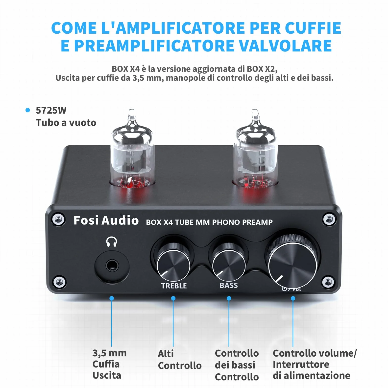 Fosi Audio X4 Preamplificatore Phono a valvole HiFi per cuffie e giradischi MM, BOX X4 Guadagno Stereo